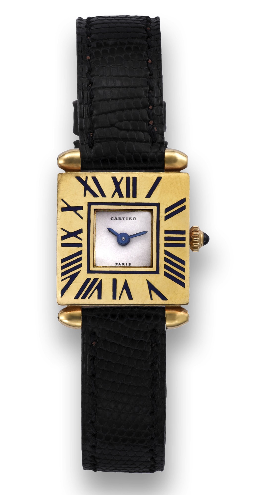 CARTIER, TANK OBUS YELLOW GOLD
Cartier, Paris, "Tank Obus", No. A101223. Made in the 1970's. Fine, square, 18K yellow gold and champleve
enamel quartz wristwatch with 18k gold Cartier buckle.