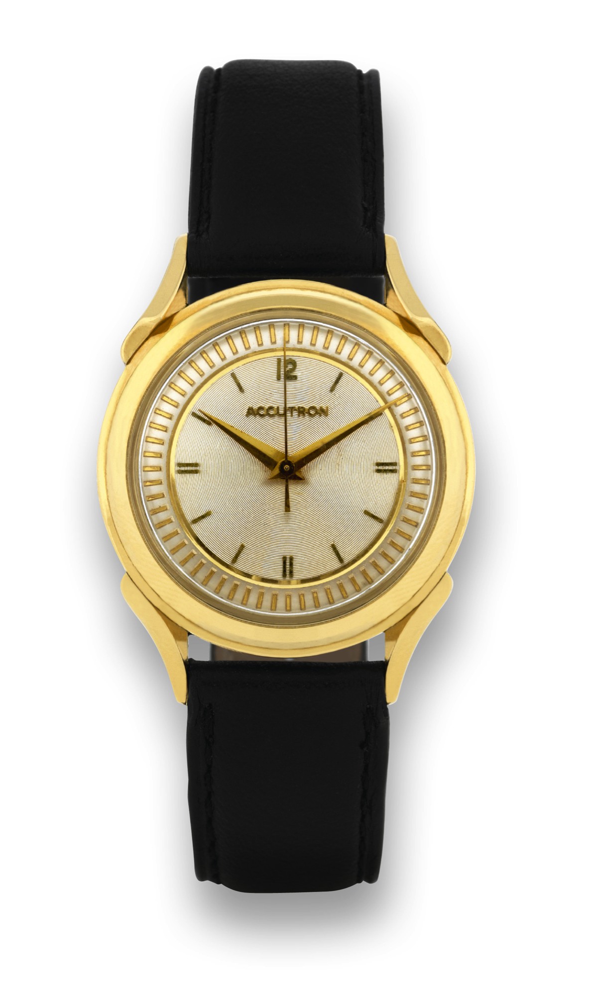 BULOVA ACCUTRON
Bulova "Accutron". Case no. D87918. Produced in the 1960's.
Fine, electronic, center seconds, water-resistant, 14K yellow
gold gentleman's wristwatch.