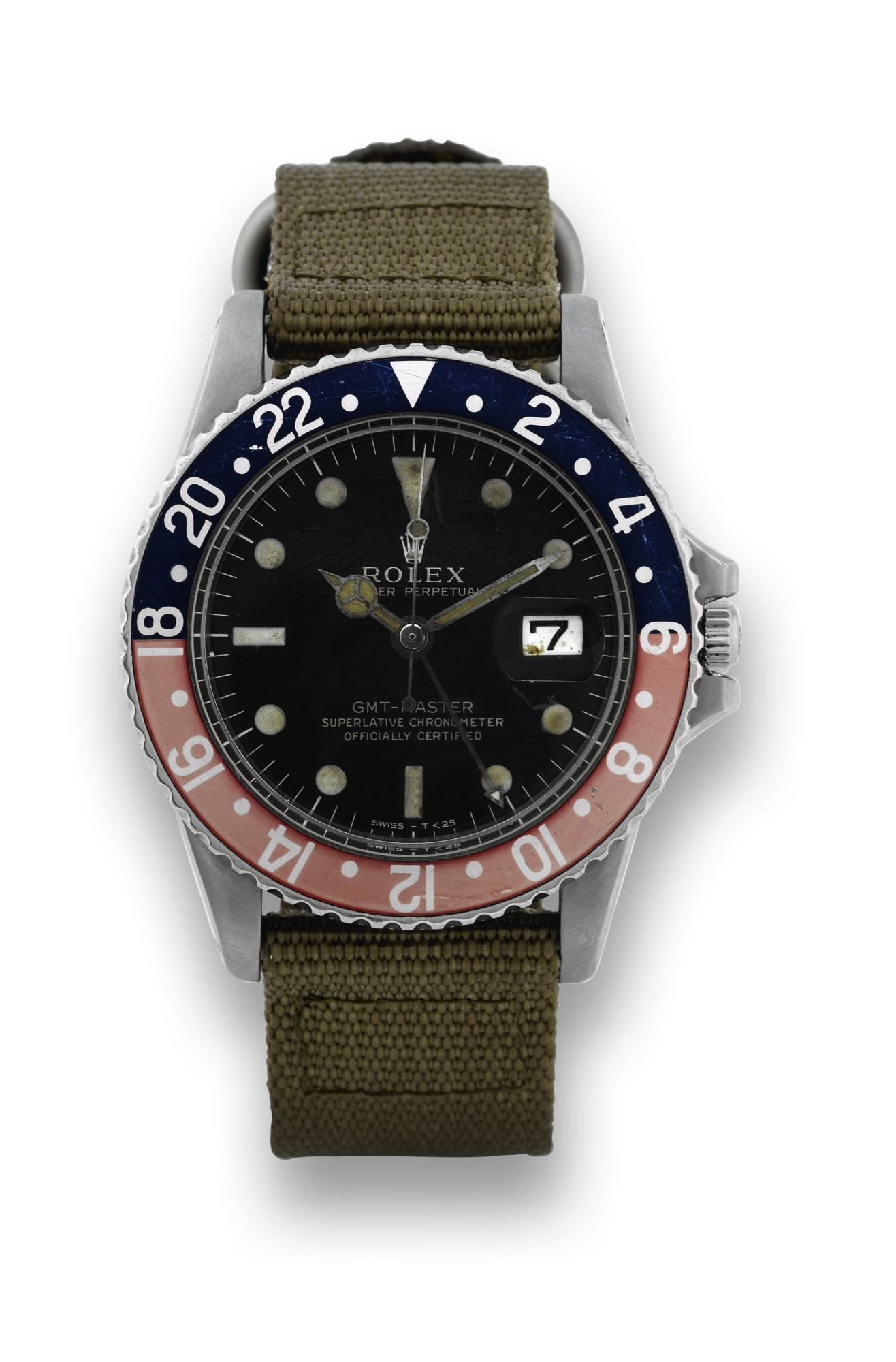 ROLEX REF. 1675 GMT MASTER, STEEL
Rolex "Oyster Perpetual, GMT Master, Superlative Chronometer,
Officially Certified,? case No. 1313455, Ref. 1675.
Made in 1965.
Fine and rare, two time zone, center seconds, self-winding,
water-resistant, stainless steel wristwatch with date, special
24-hour bezel and hand.