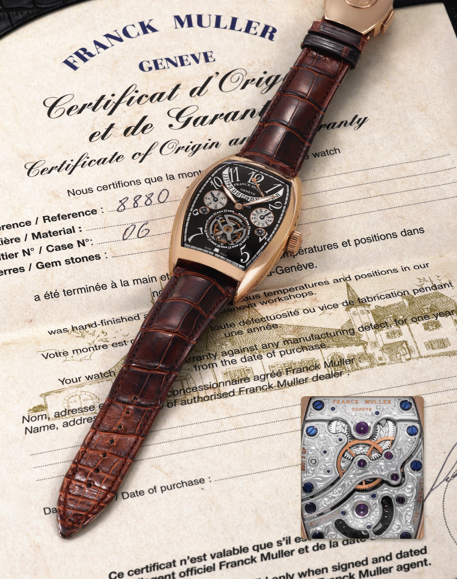 FRANCK MULLER CINTREE CURVEX PERPETUAL CALENDAR TOURBILLON
Franck Muller, Genève, "Cintree Curvex" Ref. 8880 T QP, No.06. Made circa 2009.
Very fine and rare, massive, tonneau-shaped, curved, astronomic, 18K pink gold
tourbillon wristwatch with perpetual calendar, retrograde date, moon phases, leap year
and 24hr indication and a large 18k pink gold Franck Muller double-folding locking
buckle. Accompanied by a fitted box and certificate of warranty.