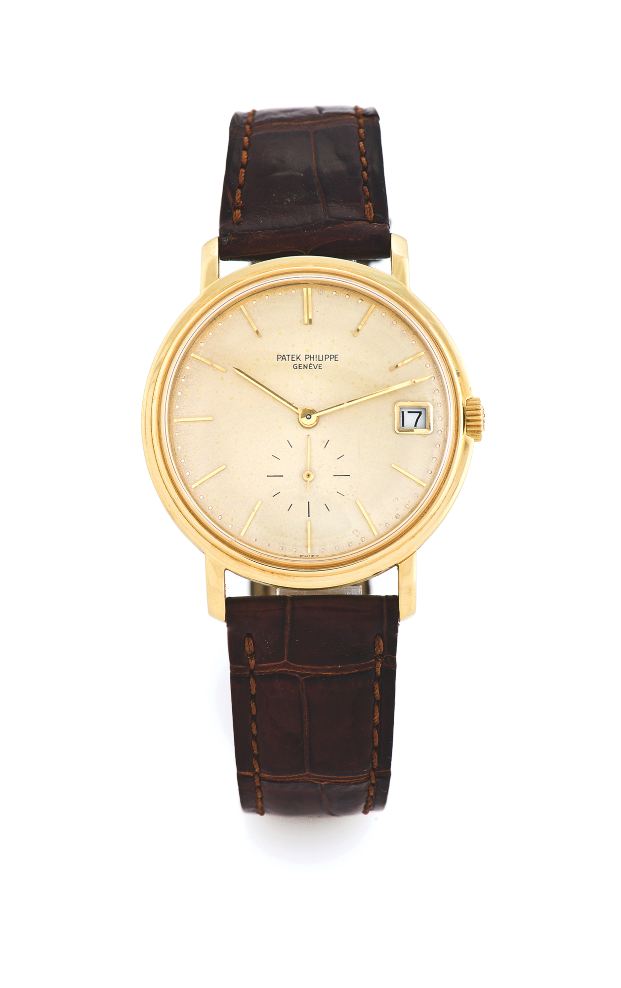 Patek Philippe Ref. 3445 Automatic Yellow Gold
Patek Philippe, Genève, No. 1123295, case No. 319159, ref. 3445. made circa 1970.
Fine and rare, self-winding, water-resistant, 18K yellow gold wristwatch with date and an
18K yellow gold patek philippe buckle.