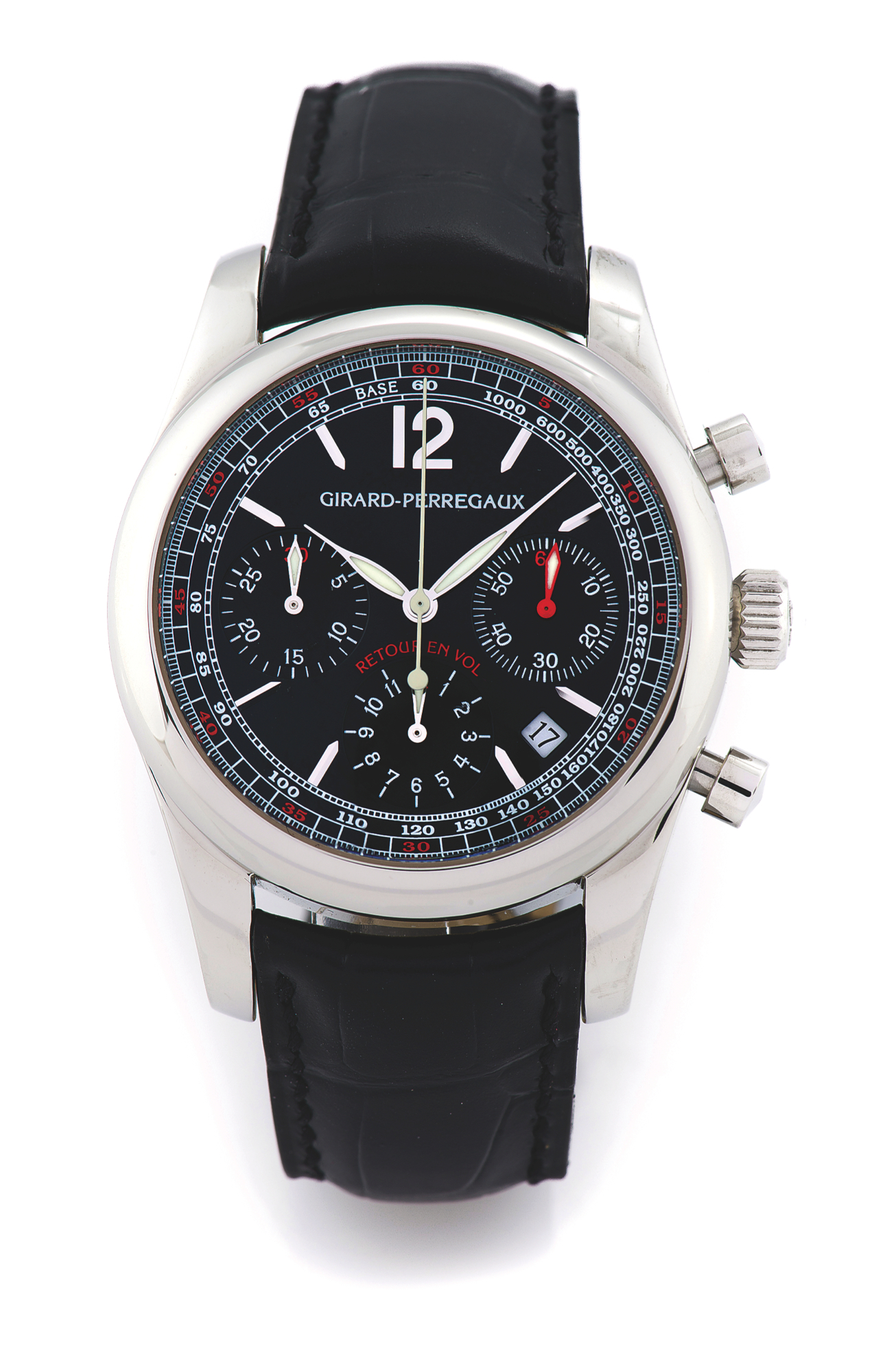 GIRARD-PERREGAUX STEEL RETOUR EN VOL ?
SPECIAL EDITION ? SCOZIA - ITALIA 2007
Girard-Perregaux, ?Chronographe Retour en Vol ? Serie Speciale?, Ref. 49580. Made as a special edition to celebrate the Scotland v Italy European Championship qualifying match, 17th November, 2007.
Fine, self-winding, water-resistant, stainless steel wristwatch with round button fly-back chronograph, registers, date, tachometer and a stainless steel Girard-Perregaux deployant clasp.