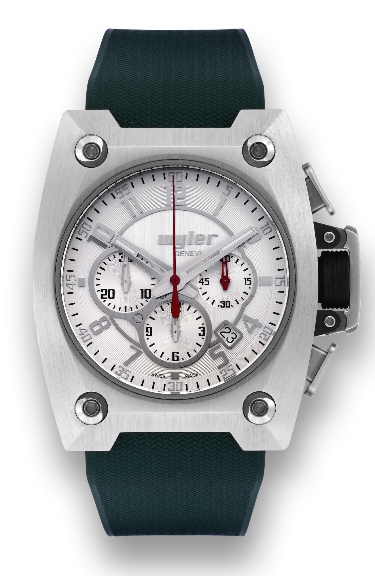 WYLER ? CODE R STAINLESS STEEL, TITANIUM
CARBON FIBER CHRONOGRAPH LIMITED EDITION
Wyler, Geneve, ?Code R, Incaflex?, No. 1584/3999 , case
No. 101630, Ref. 100.4. Made in a limited edition of 3999
pieces in 2009.
Fine, large, tonneau-shaped and curved, stainless steel
titanium, carbon fiber, self-winding, water-resistant wristwatch
with pedal-button chronograph, registers, and date, with a
titanium Wyler buckle. Accompanied by a fitted box.