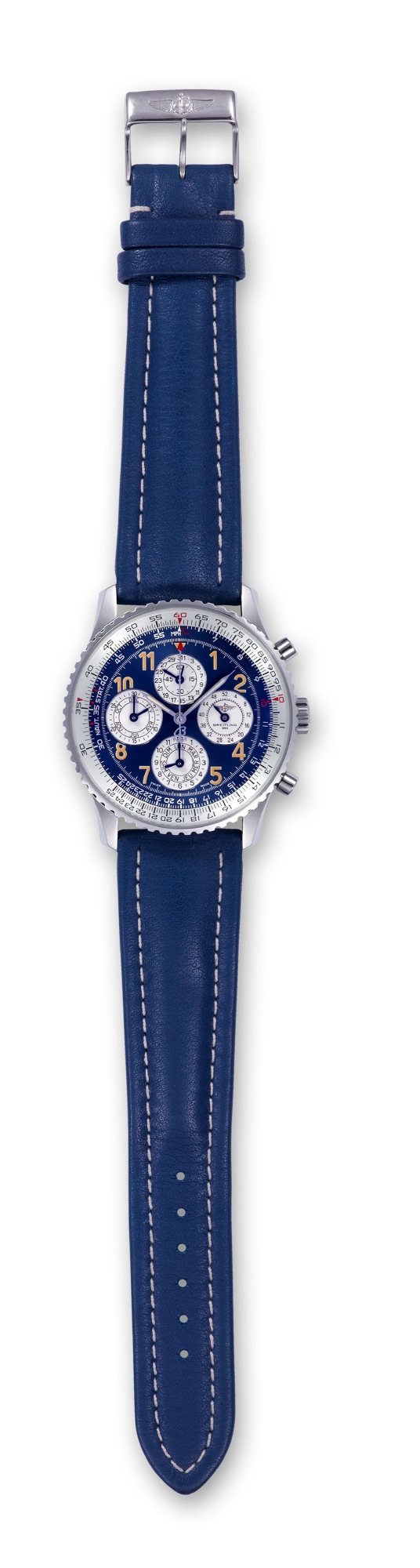 Breitling, "Navitimer 1461 Série Limitée Etanche",
Ref. A 38022, No. 10 0158/1000, made in the
1990s.
Fine and rare, self-winding, water-resistant to 3 atm.,
stainless steel wristwatch with perpetual calendar up to 4
years, the 52 weeks, round button chronograph, registers,
tachometric scale in miles and km., logarithmic sliding rule
and stainless steel Breitling buckle.
