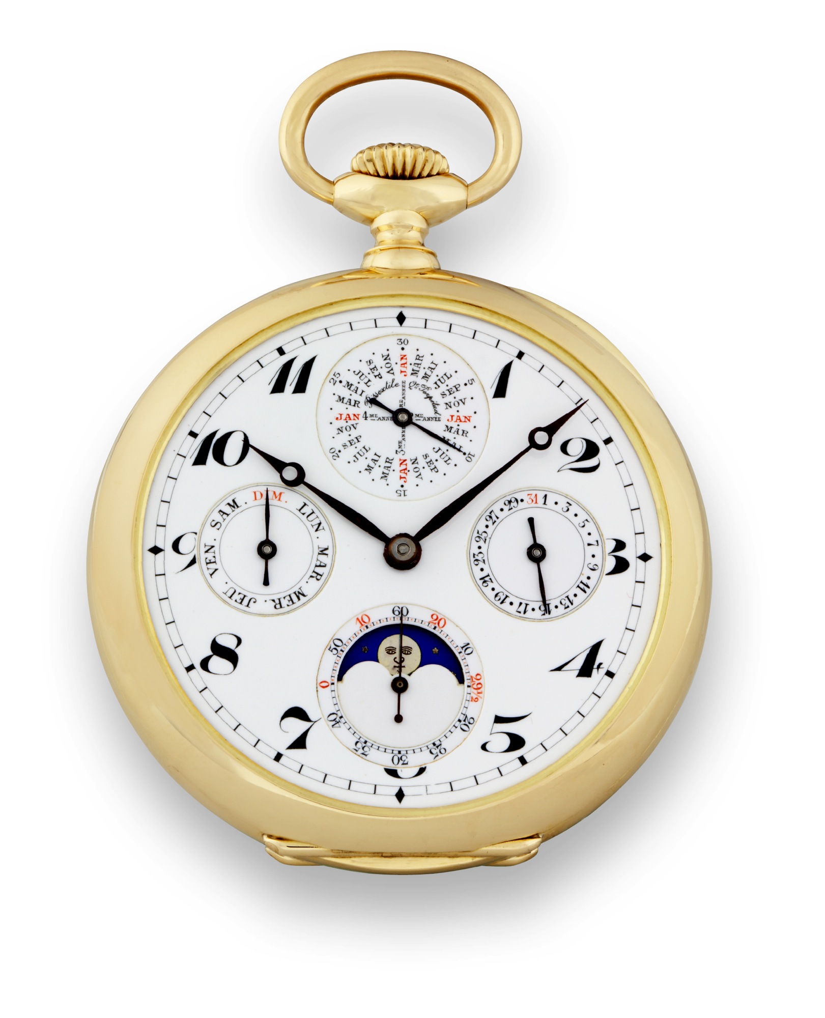 Watch With 5 Complications
Ed. Koehn, Genève, ?Chronomètre 1ere Qualité?, No. 64340.
Made circa 1900.
Very fine and rare, large, 18K yellow gold keyless pocket
watch with perpetual calendar, moon phases and lunar
calendar.