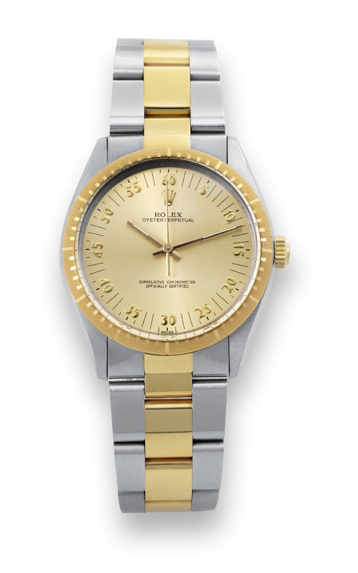 Rolex, Stainless Steel and Yellow Gold
Ref. 1038
Rolex, ?Oyster Perpetual, Superlative Chronometer Officially
Certified?, case No. 9763237, Ref. 1038/1002. Made in 1986.
Fine and rare, water resistant, self-winding, center seconds,
stainless steel and 18K yellow gold wristwatch with a stainless
steel and 18K yellow gold Oyster bracelet.