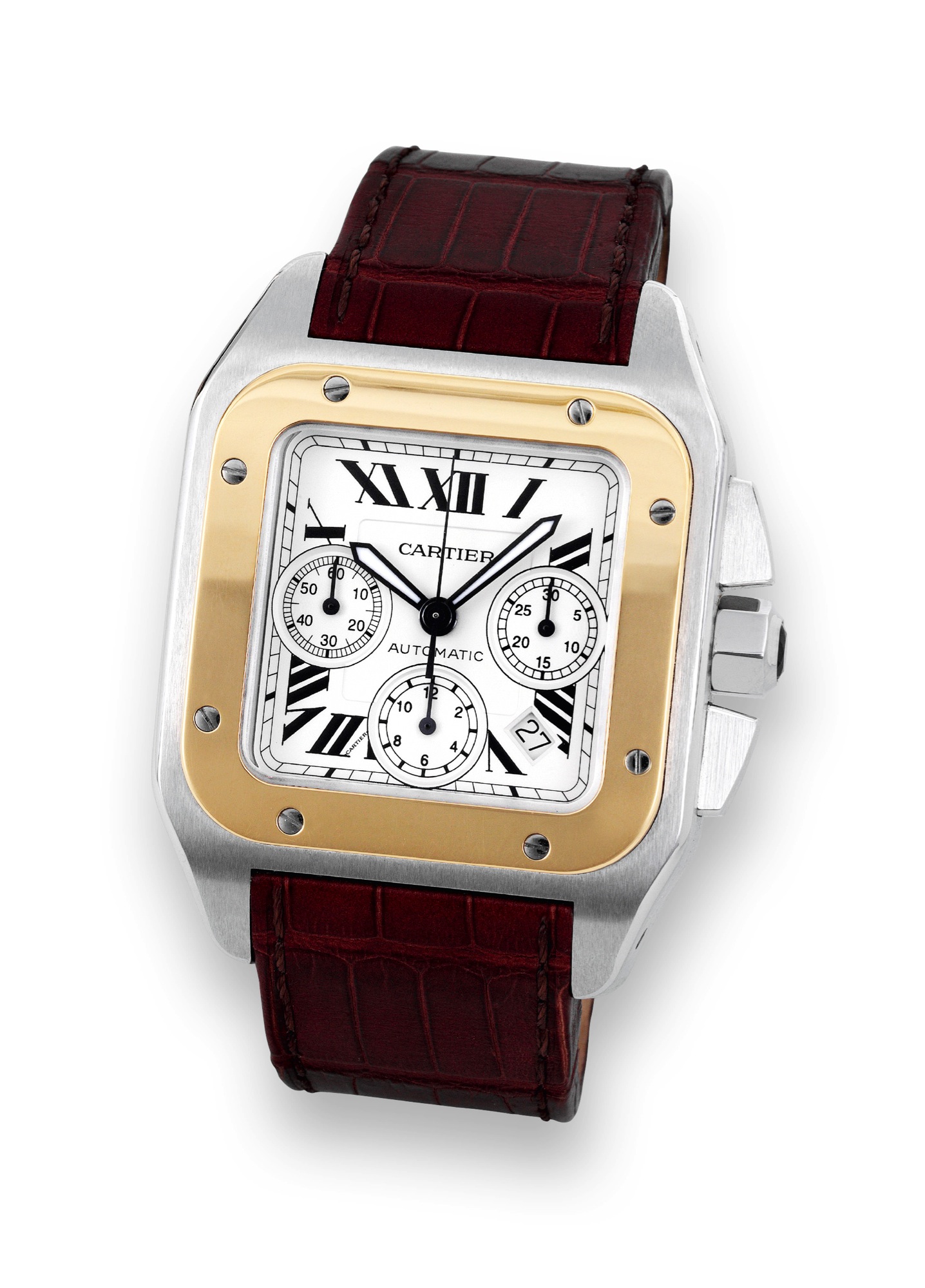 Cartier ? Steel and Gold Santos 100
Chronograph
Cartier, "Santos 100, Chronograph, Automatic", case
No. 842144CE, Ref. 2740. Made circa 2008.
Fine, square and curved, large, self-winding, water resistant,
stainless steel and 18K yellow gold wristwatch with square
button chronograph, registers, date and a stainless steel and
18K yellow gold Cartier double deployant clasp. Accompanied by fitted box, blank warranty, instruction booklet and push pin.
