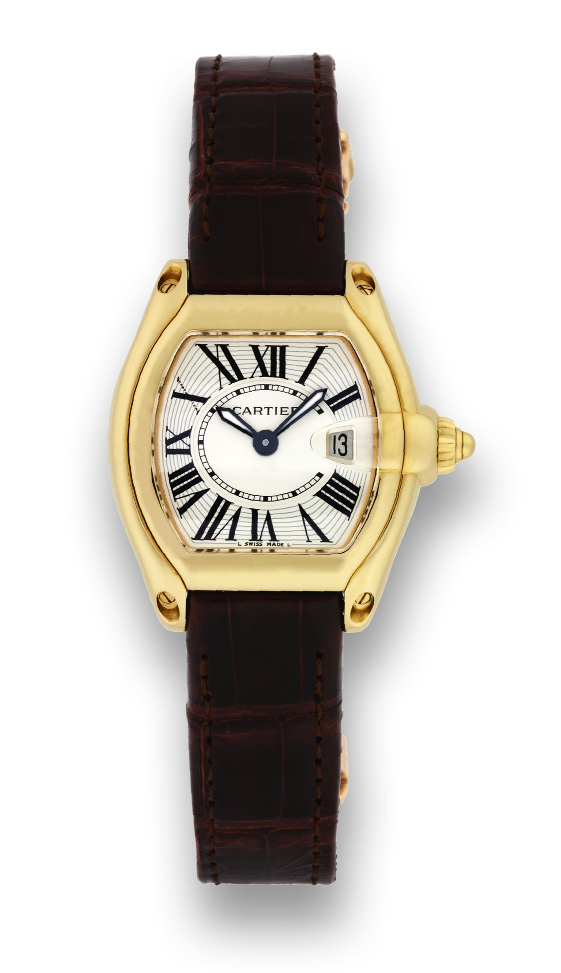CARTIER REF. 2676 ROADSTER,
YELLOW GOLD
Cartier, "Roadster ,? case No. 60173CE,
Ref. 2676. Made in the 2000's.
Fine, tonneau-shaped, curved, centerseconds,
water-resistant, 18K yellow gold
mid?size quartz wristwatch with date and
an 18K yellow gold Cartier deployant
clasp. Accompanied by fitted box and
warranty.