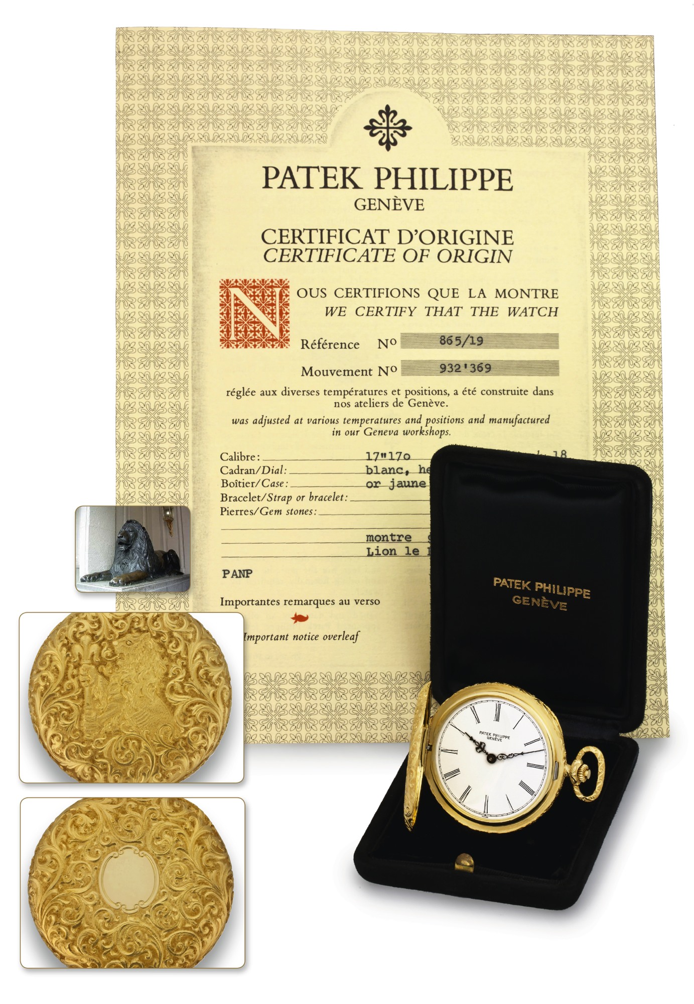 PATEK PHILIPPE, REF. 865, MITSUKOSHI LION
Patek Philippe, Geneve, No. 932369, case No. 520967, Ref. 865/19. Made circa 1980.
Very fine and rare, heavy 18K yellow gold, hunting-cased, keyless pocket watch. Accompanied by the
original Patek Philippe box, Certificate of Origin, hang tag, Patek Philippe (Japan) service guarantee card
and a booklet.