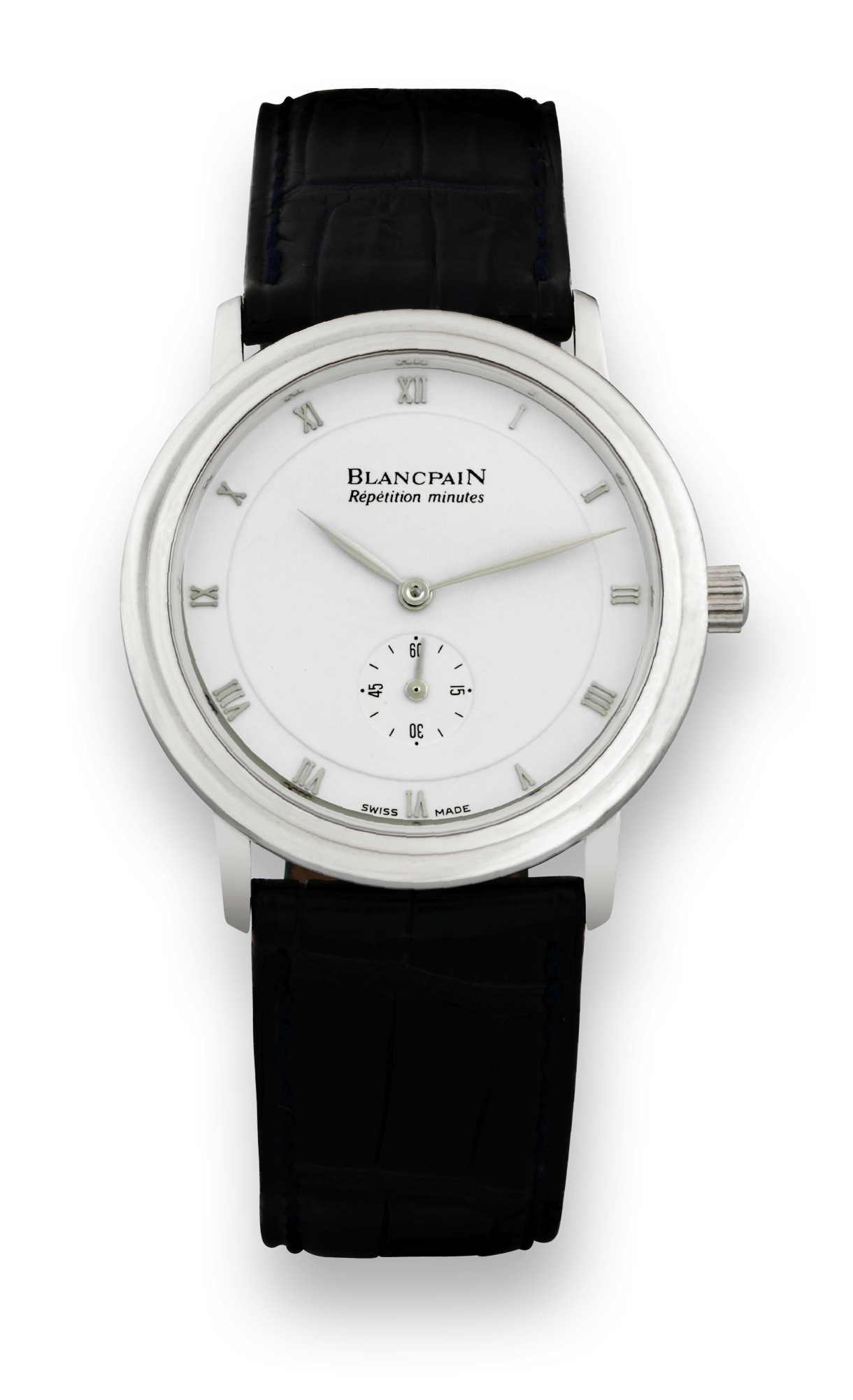 Blancpain Platinum Minute Repeater No. 28
Blancpain, "Répétition Minutes No. 28". Sold on
December 2000.
Very fine and very rare, minute-repeating, platinum
wristwatch with a platinum Blancpain buckle. Accompanied
by fitted box and warranty.