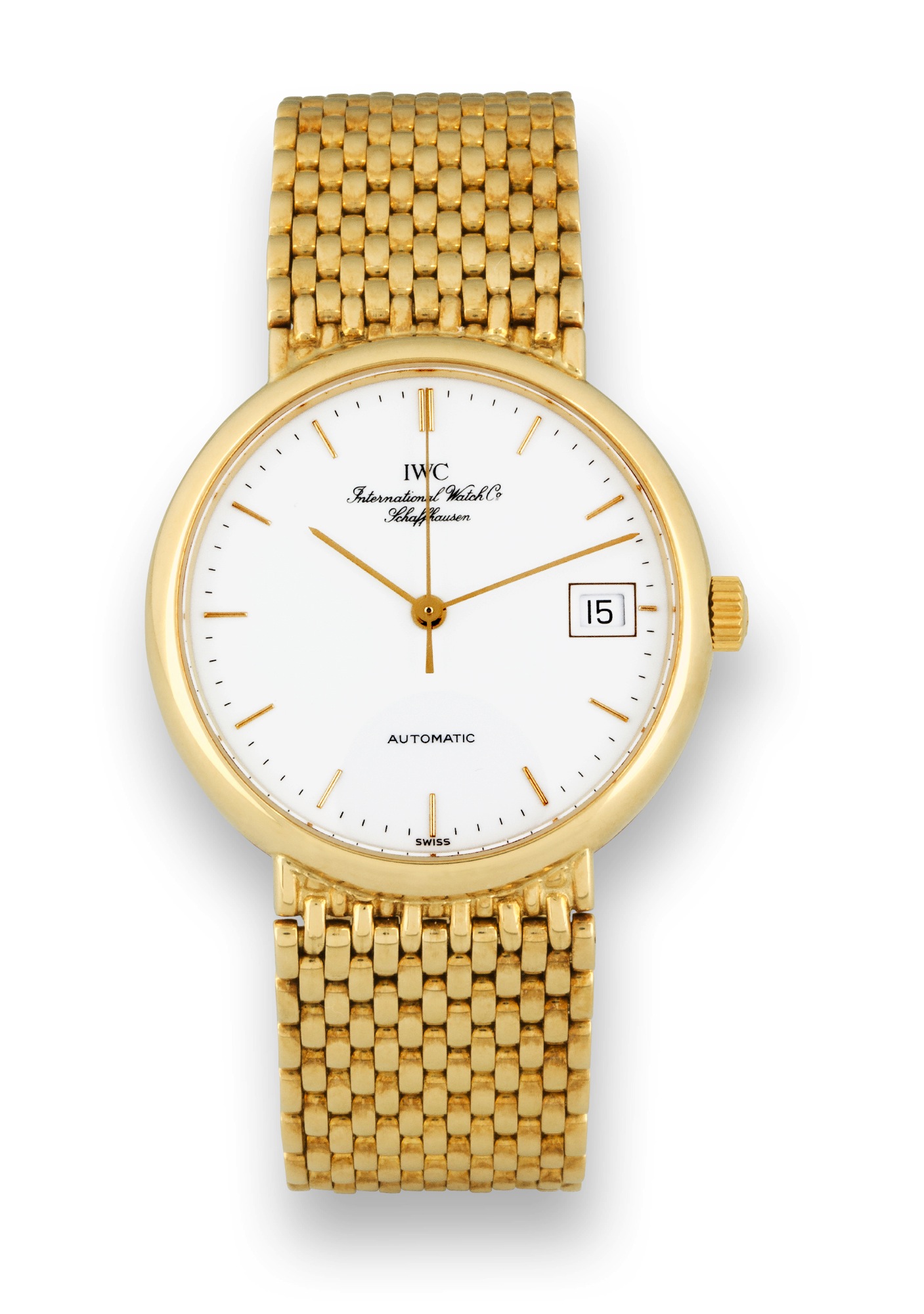 IWC Yellow Gold Portofino
IWC, International Watch & Co., Schaffausen, ?Automatic?,
case No. 2591170, Ref. 3513. Made in the 1990s.
Fine, center seconds, self-winding, 18K yellow gold
wristwatch with date and an integrated 18K yellow gold IWC
bracelet. Accompanied by a fitted box.