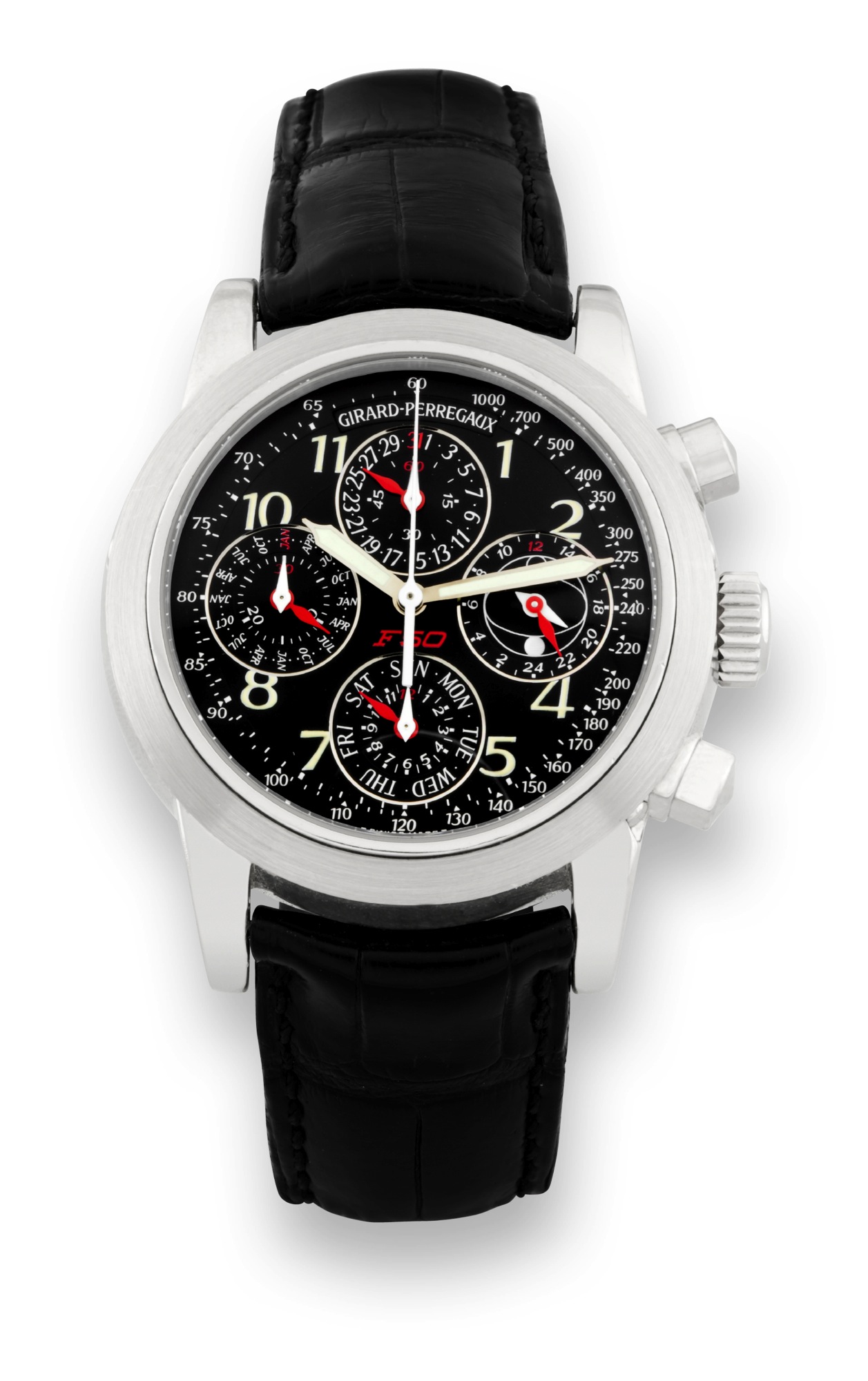 Girard Perregaux White Gold F 50
Girard-Perregaux,?Ferrari Chronograph F 50", No. 11/250,
Ref. 9025. Made especially for the 50th anniversary of Ferrari
in a limited edition of 250 pieces, circa 1998.
Very fine and rare, self-winding, water-resistant, 18K white
gold wristwatch with round button chronograph, registers,
tachometer, perpetual calendar, the 24 hours with night/
day indication, tachometer and an 18K white and pink gold
Girard-Perregaux deployant clasp. Accompanied by fitted
