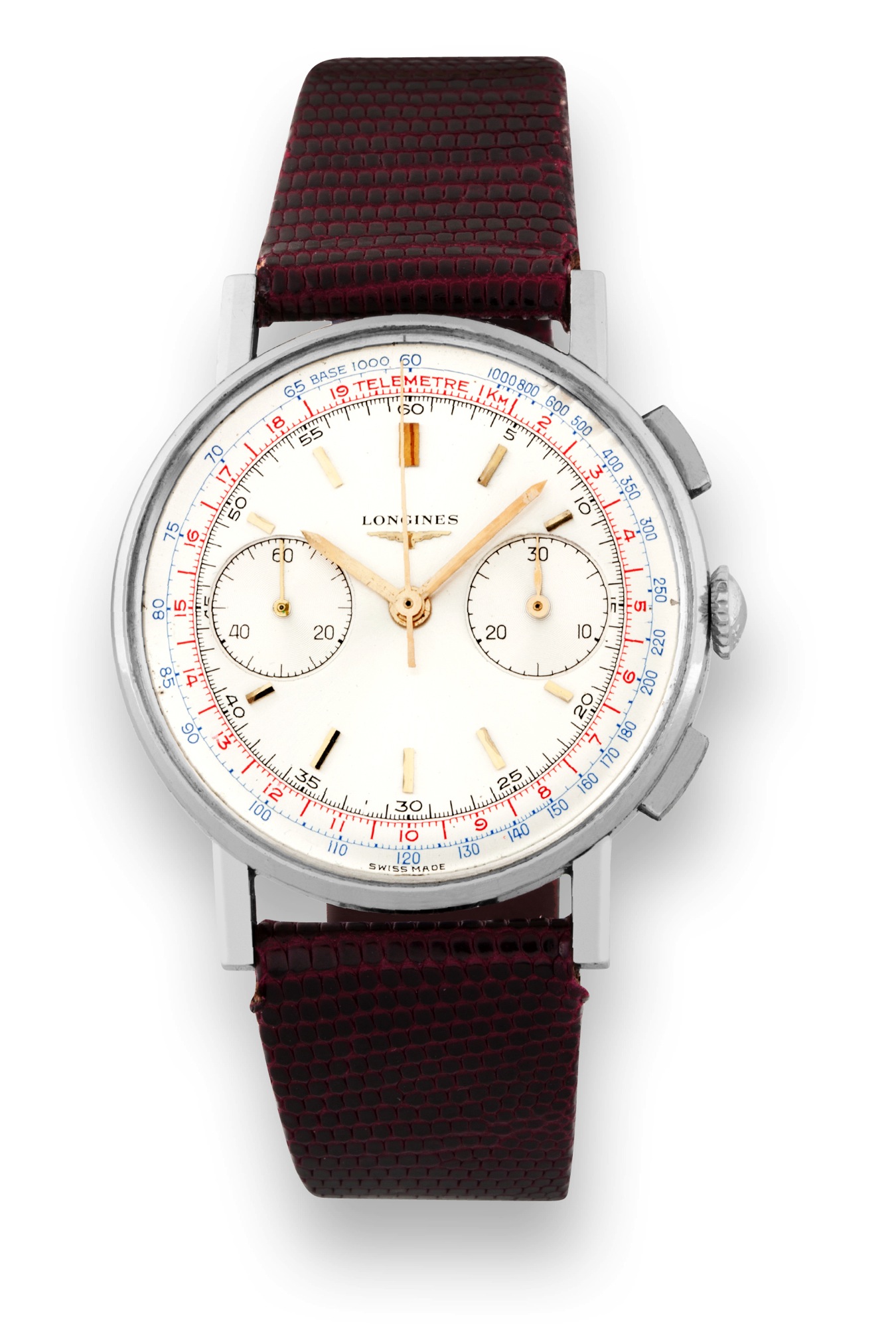 Longines, Cal. 30CH, Retour en Vol
Chronograph
Longines, movement No. 13333134, case No. 74123365,
Ref. 7412. Sold on November 30th, 1967.
Fine , stainless steel wristwatch with square button ?Retour
en Vol? chronograph, register, tachometer and telemeter.