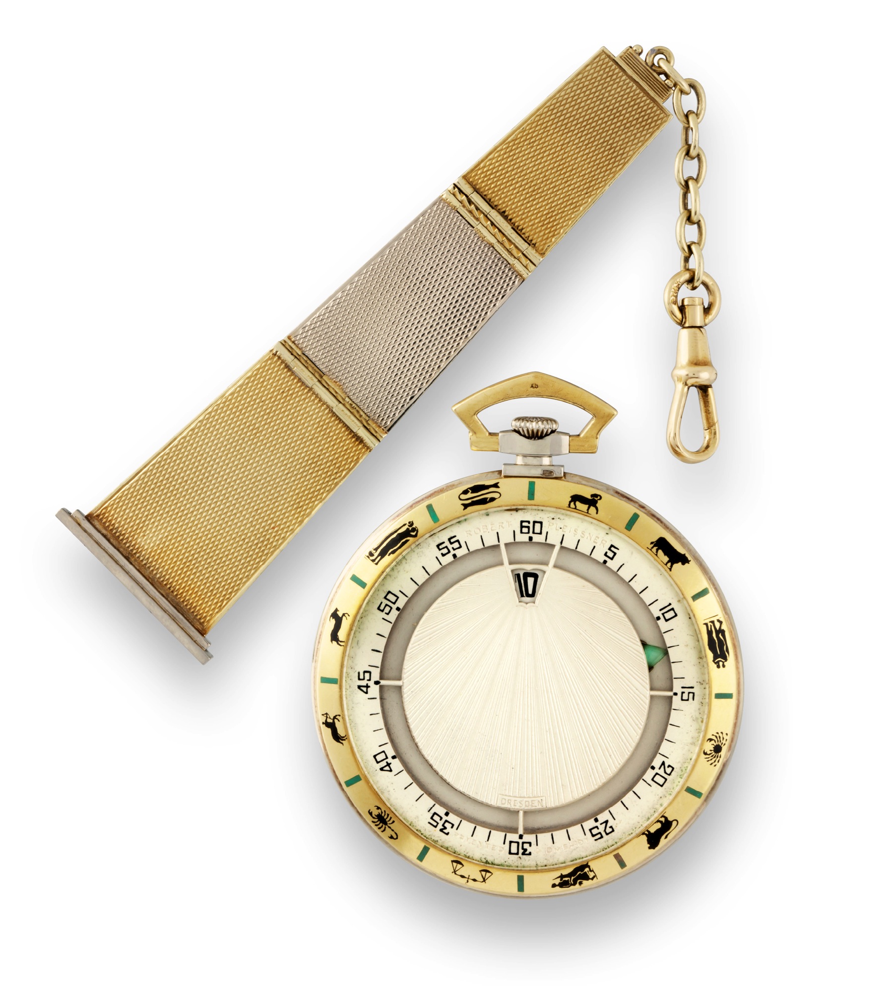 Robert Cart ? Two Color Gold Jump Hour
Dress Watch with Zodiac Signs
Robert Cart, Genève, retailed by Robert Pleissner, Dresden,
movement No. 15316, case No. 50404. Made to Swiss patent
Dm54197, circa 1924.
Very fine and very rare, Art Deco, ?Chronoscope?, 18K
yellow and white gold, keyless jump hour dress watch
with enameled Zodiac sign bezel and a 14K yellow and
white gold fob.