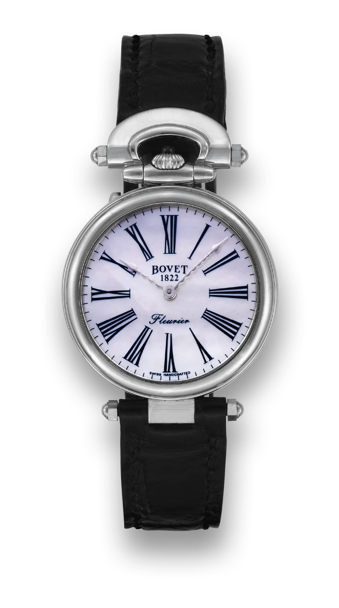 Bovet ? White Gold and Mother-of-Pearl dial
Bovet "Fleurier," No. 00593, Ref. D 401 0. Made circa 2005.
Fine 18K white gold quartz lady?s wristwatch with mother-of-pearl dial and an 18K white gold Bovet buckle.