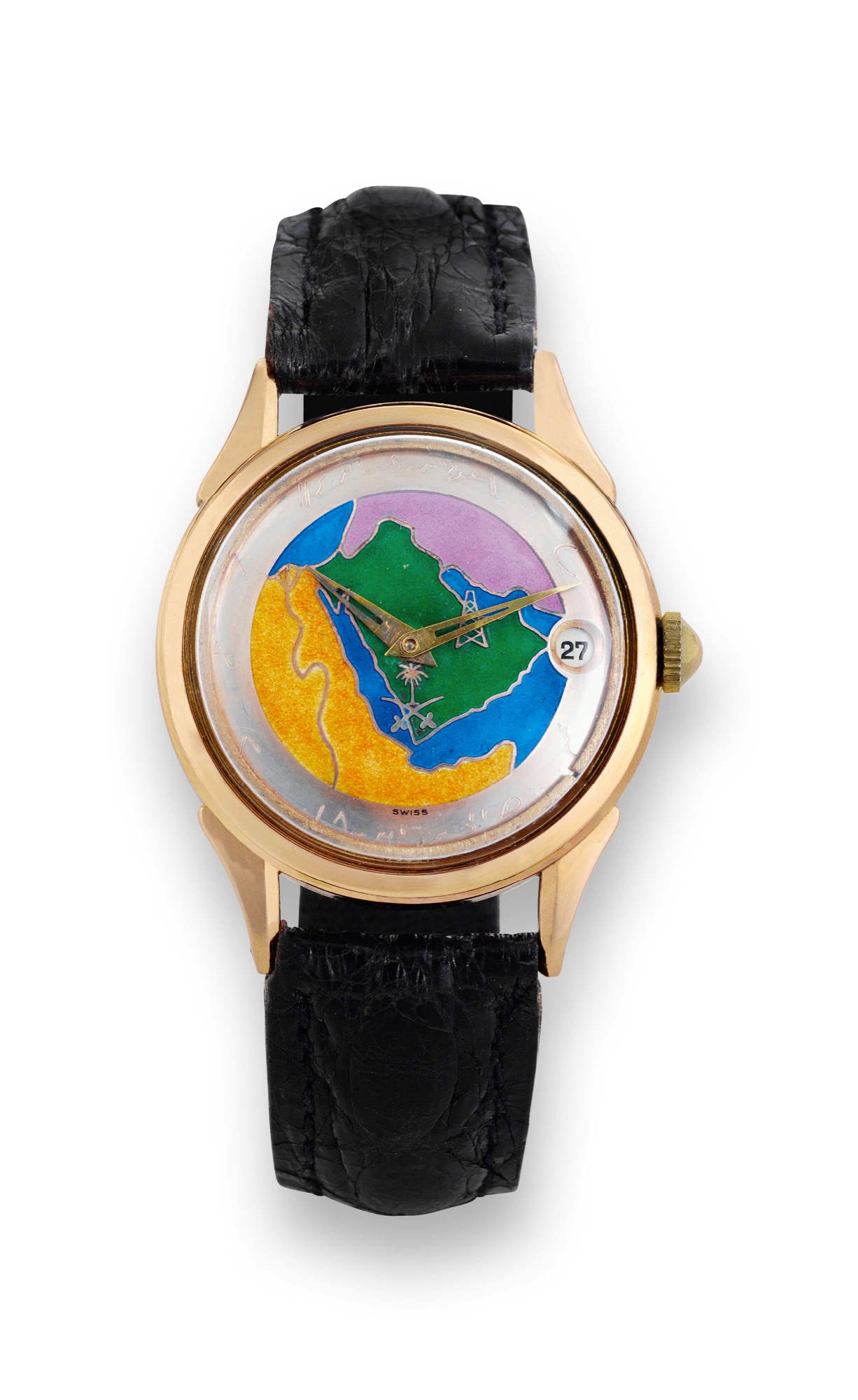 Universal Pink Gold Cloisonne Dial ?Arabia?
Universal Genève, Cloisonne Dial ?Arabia?, case
No. 1666657, Ref.100105-3. Made in the 1950s.
Very fine and rare, water-resistant, self-winding, 18K pink gold
and cloisonné enamel wristwatch with date.
