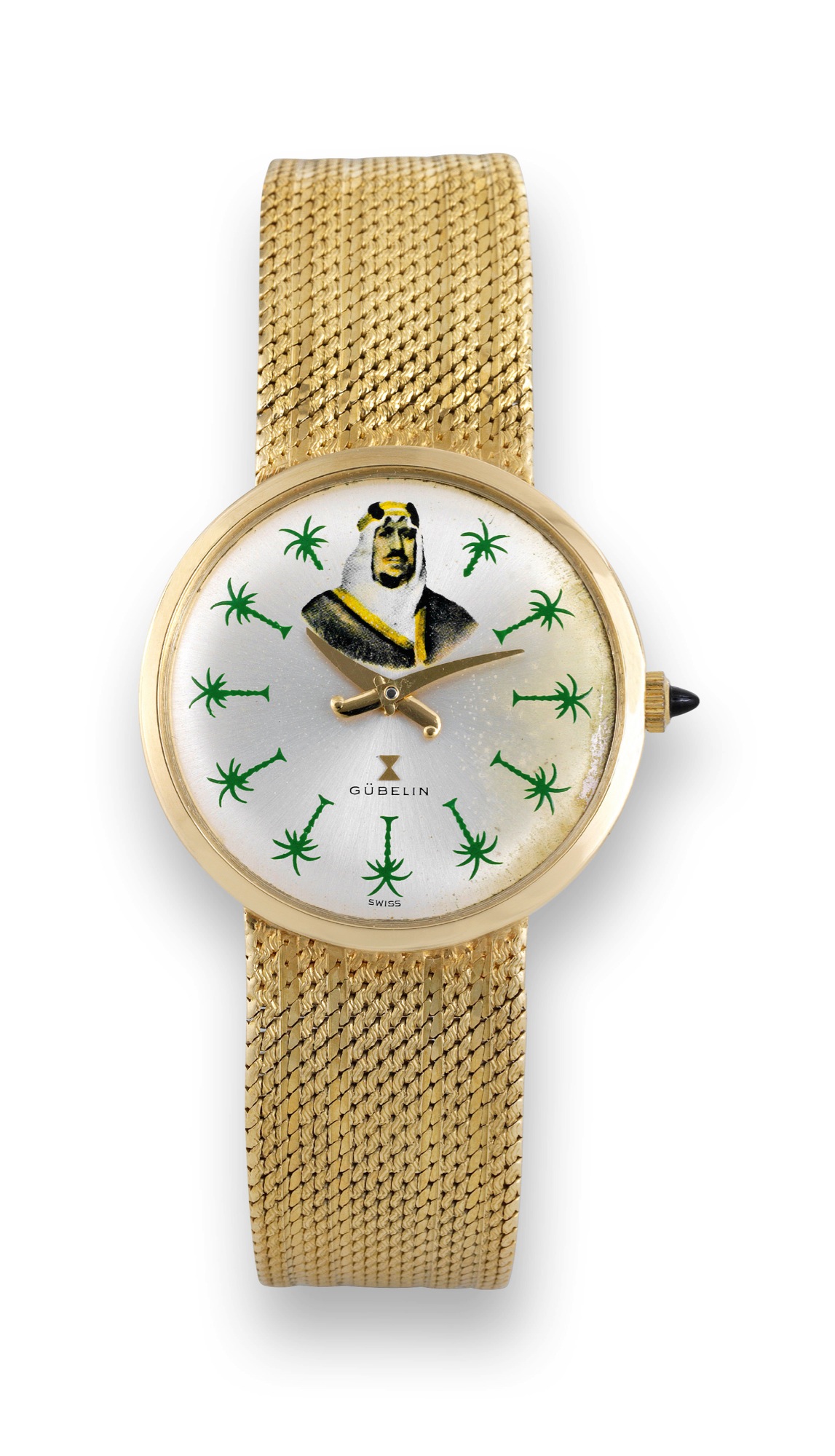 Gübelin For Saudi Arabia
Gübelin, Swiss, No.4/10, movement No. E10243, case
No. 197003. Made in the 1950s.
Fine and rare, 18K yellow gold wristwatch with an 18K yellow
gold integrated bracelet.