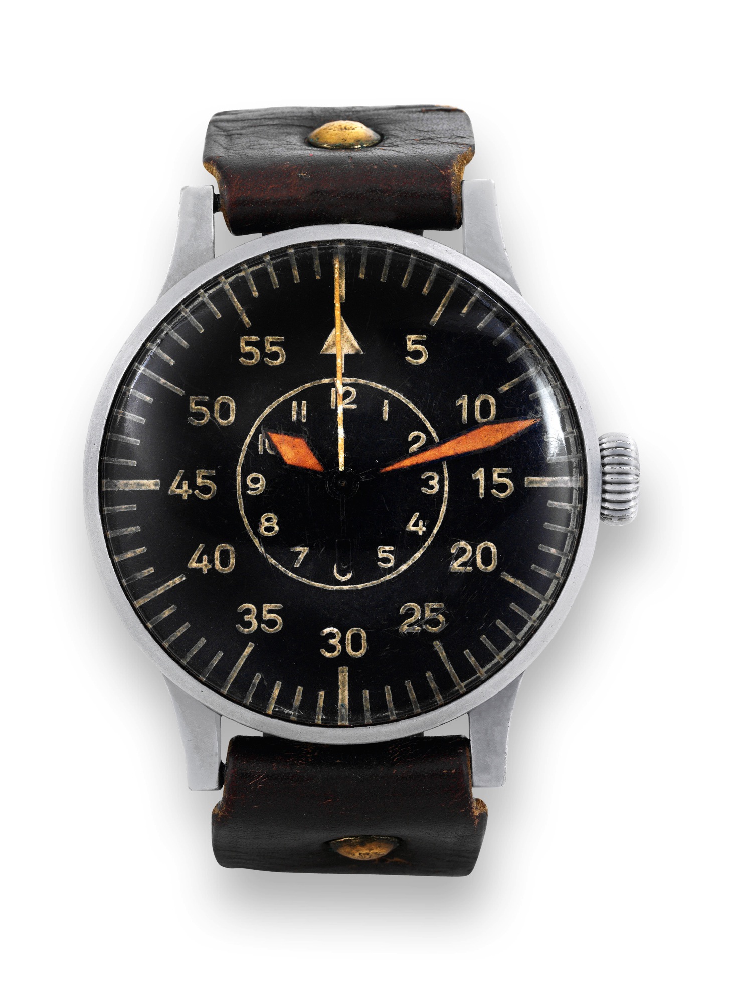 Laco ? World War II German Air Force
(Luftwaffe)
Laco - Durowe, Recognizance Watch (Beobachtungsuhr), case
No. FL.23883. Made by Lacher & Co., Pforzheim, montage by
Wempe, in the early 1940s.
Fine and rare, large, matte nickel-plated bronze military
aviator's recognizance wristwatch with indirect center
seconds and Guillaume balance.