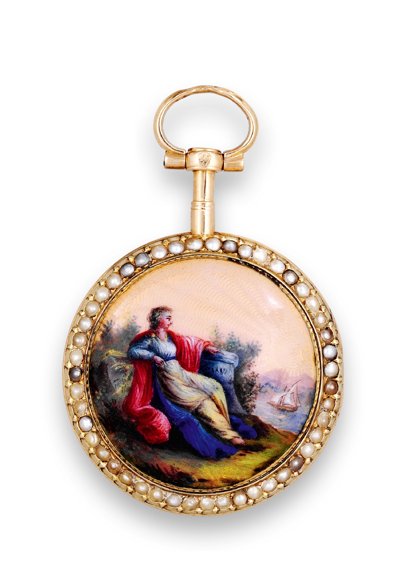 Fursy - Allegory of Hope
Fursy, A Paris, No. 1768. Made circa
1790.
Fine, 18K gold and painted on enamel,
pearl-set lady?s pendant watch.