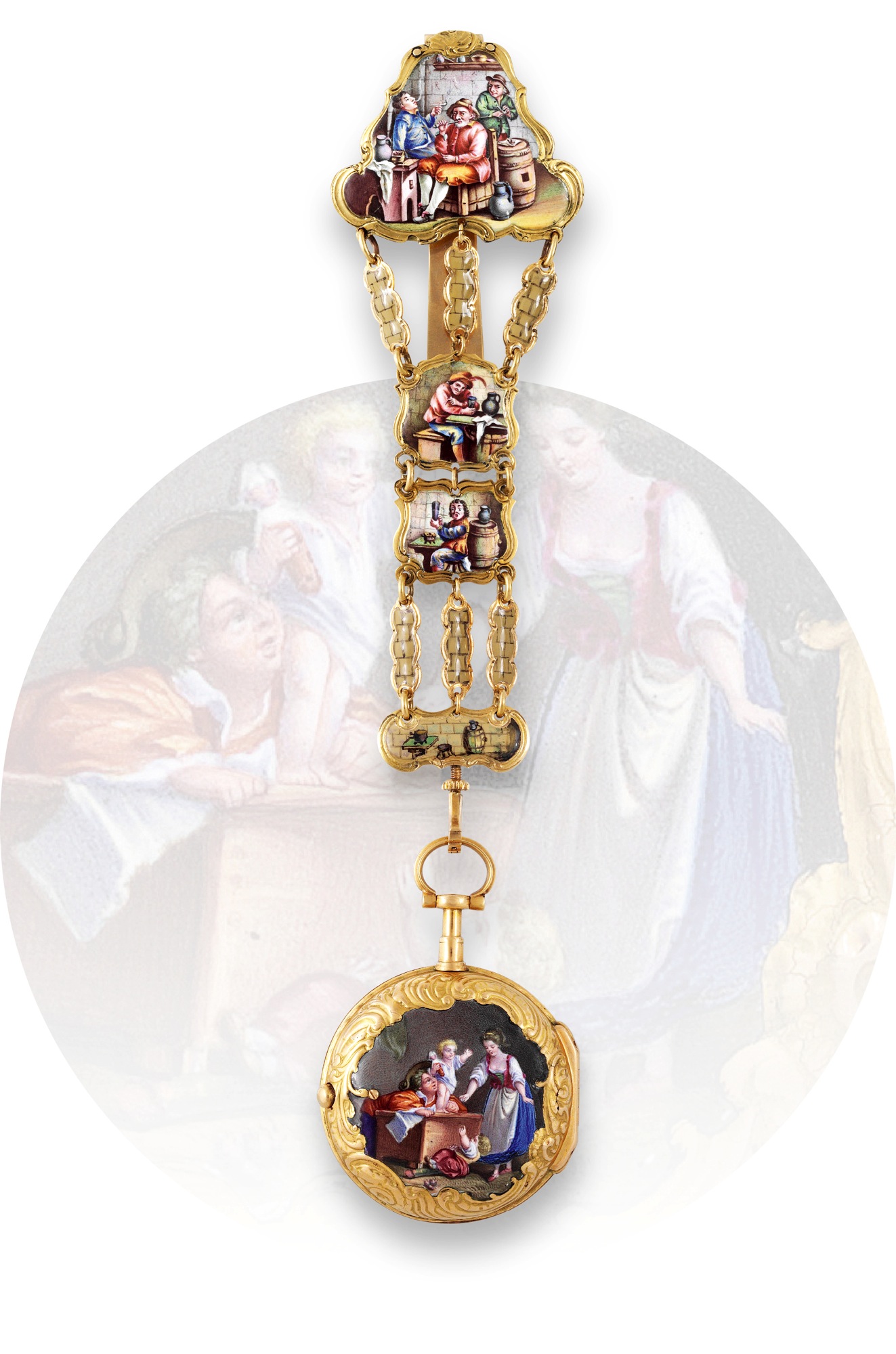 Mathieu Le Jne - The Little Preacher
Mathieu Le Jne à Paris No. 893. Made circa 1770.
Very fine and rare, 18K. gold and painted on enamel pocket
watch with gold and painted on enamel chatelaine.