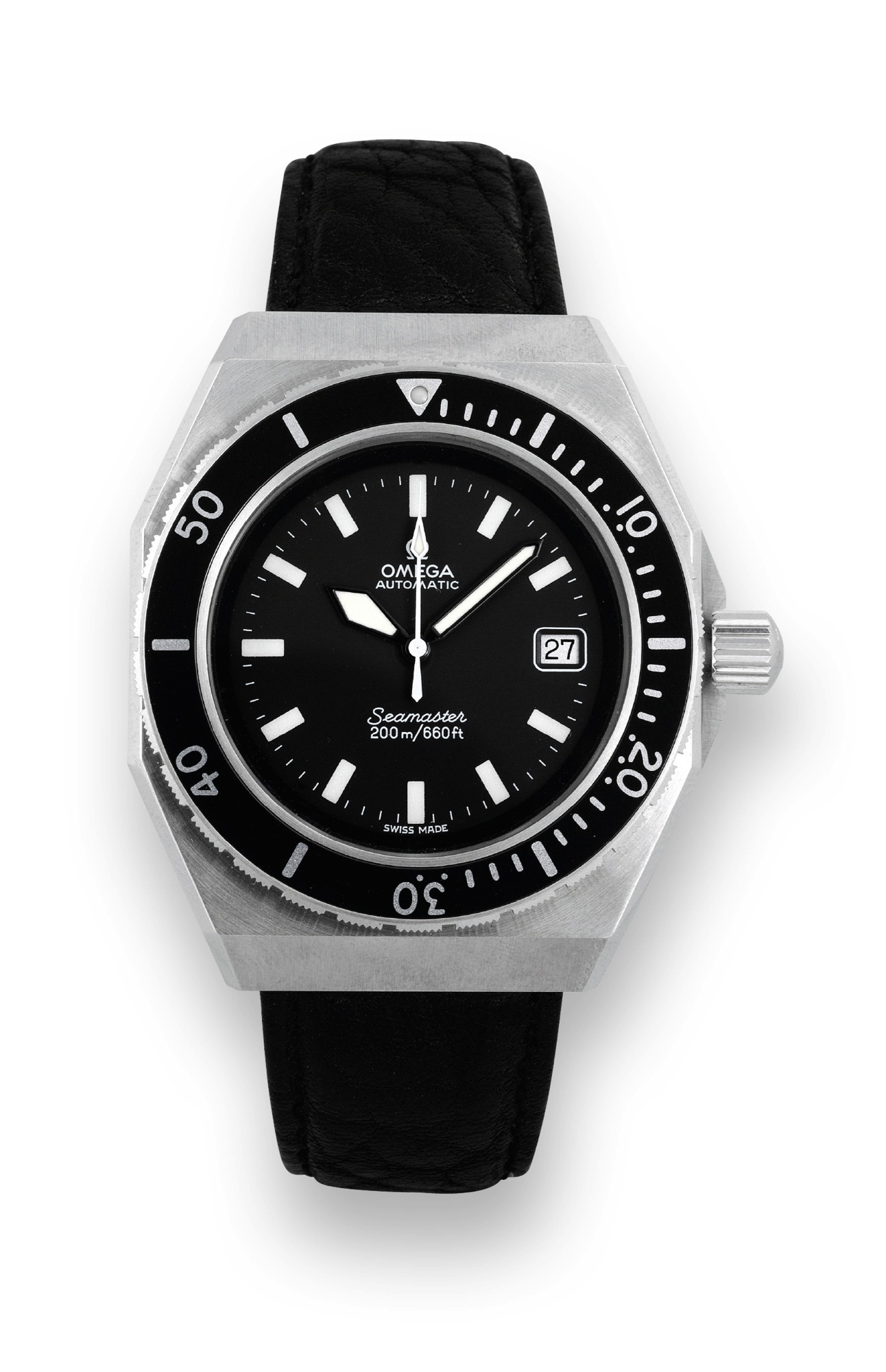 Omega Steel Seamaster
Omega, ?Automatic, Seamaster, 200m/660ft?, Ref. 166.0177. Made circa 1973.
Fine, octagonal, tonneau-shaped, center seconds, self-winding, water-resistant, stainless steel diver?s wristwatch
with date and a stainless steel Omega buckle.