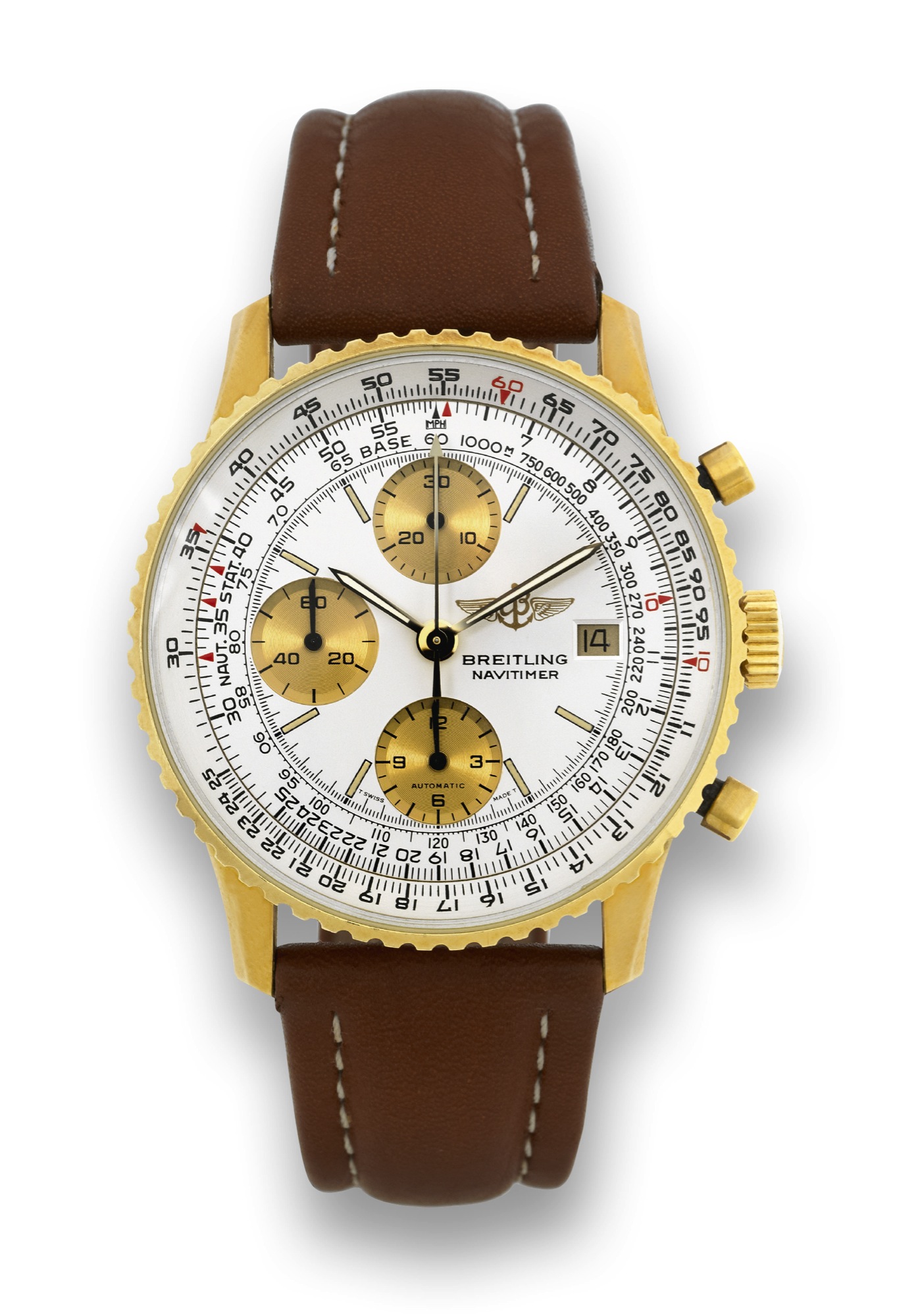 BREITLING- GOLD NAVITIMER AUTOMATIC
Breitling, ?Navitimer Automatic,? case No. 81610. Made in
the 1990's.
Fine, self-winding, water-resistant, 18K yellow gold aviator's
wristwatch with date, round button chronograph, registers,
tachometer, telemeter, slide rule and an 18K yellow gold
Breitling deployant clasp.