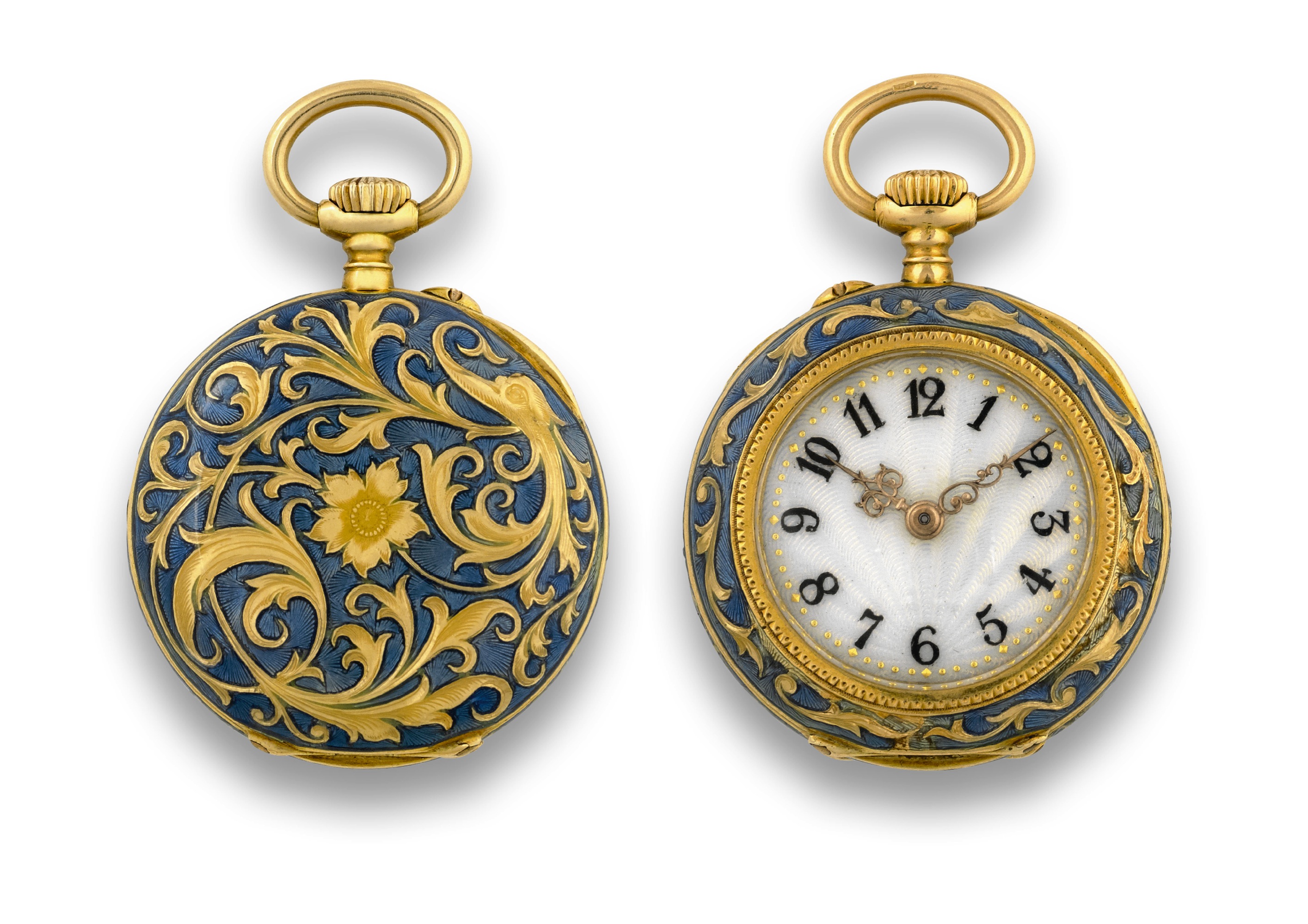 VACHERON & CONSTANTIN
GOLD & ENAMEL
Vacheron & Constantin, Genève, No.
300942, case No. 180564. Made for
Bigelow Kennard & Co., Boston, circa
1896.
Very fine and rare, 18K gold and ramolayé
enamel keyless pendant watch.