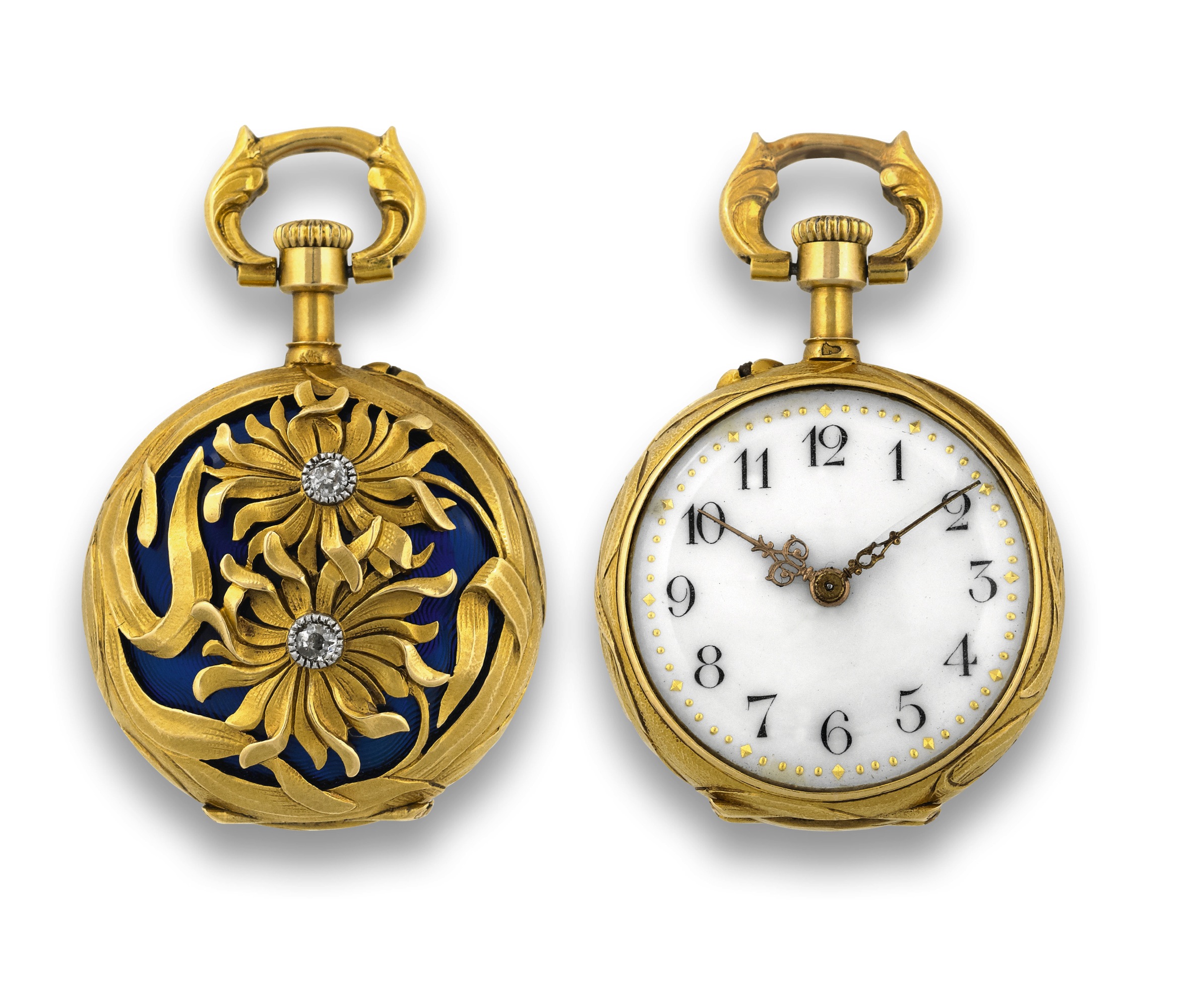 BOUQUET
Swiss, No. 26144. Made circa 1880.
Very fine, 18K gold, diamond and enamel
keyless pendant watch.