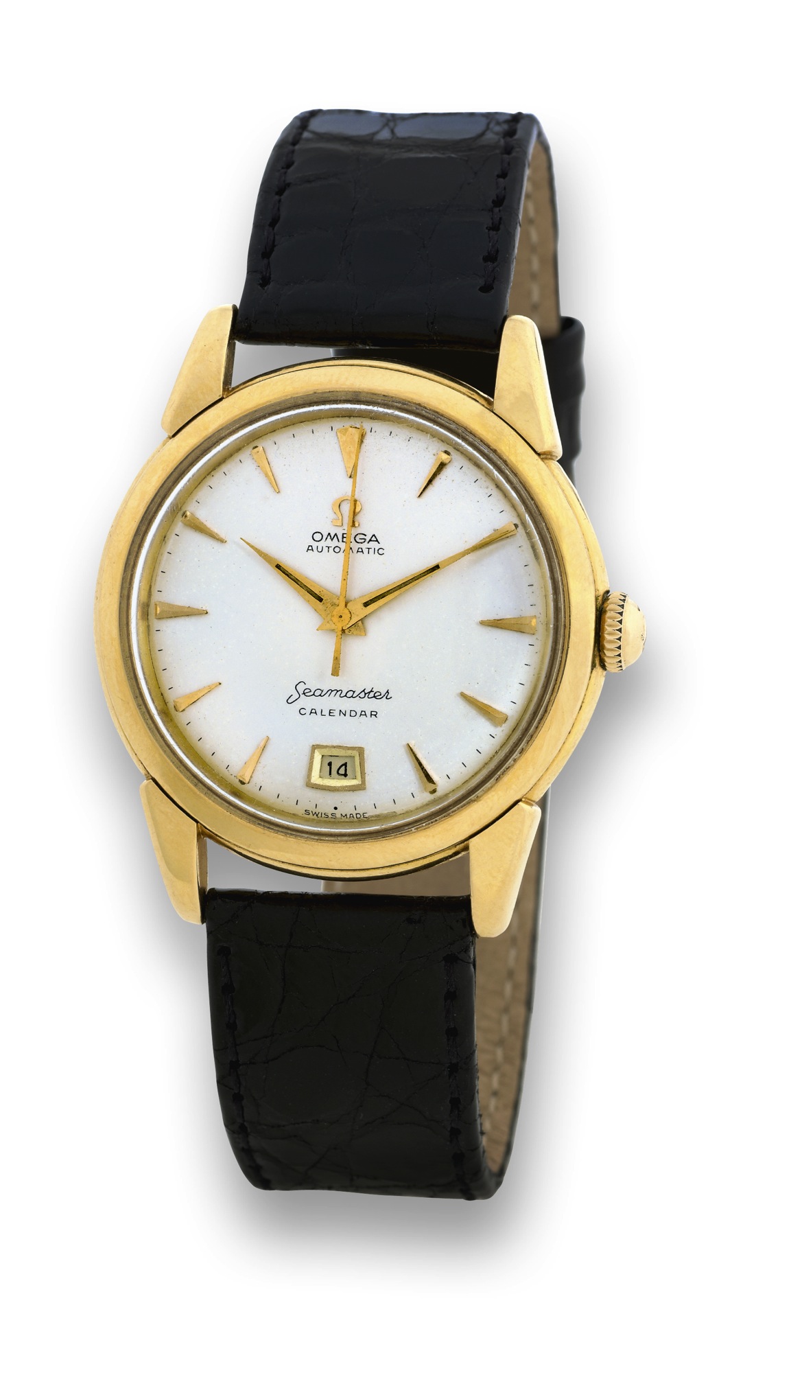OMEGA - REF. 2627 - PINK GOLD
SEAMASTER CALENDAR
Omega, "Seamaster, Calendar," movement No. 13008629,
case No. 11141319, Ref. 2627 SC. Made in 1954.
Fine, center seconds, self-winding, water-resistant, 18K pink
gold wristwatch with date.