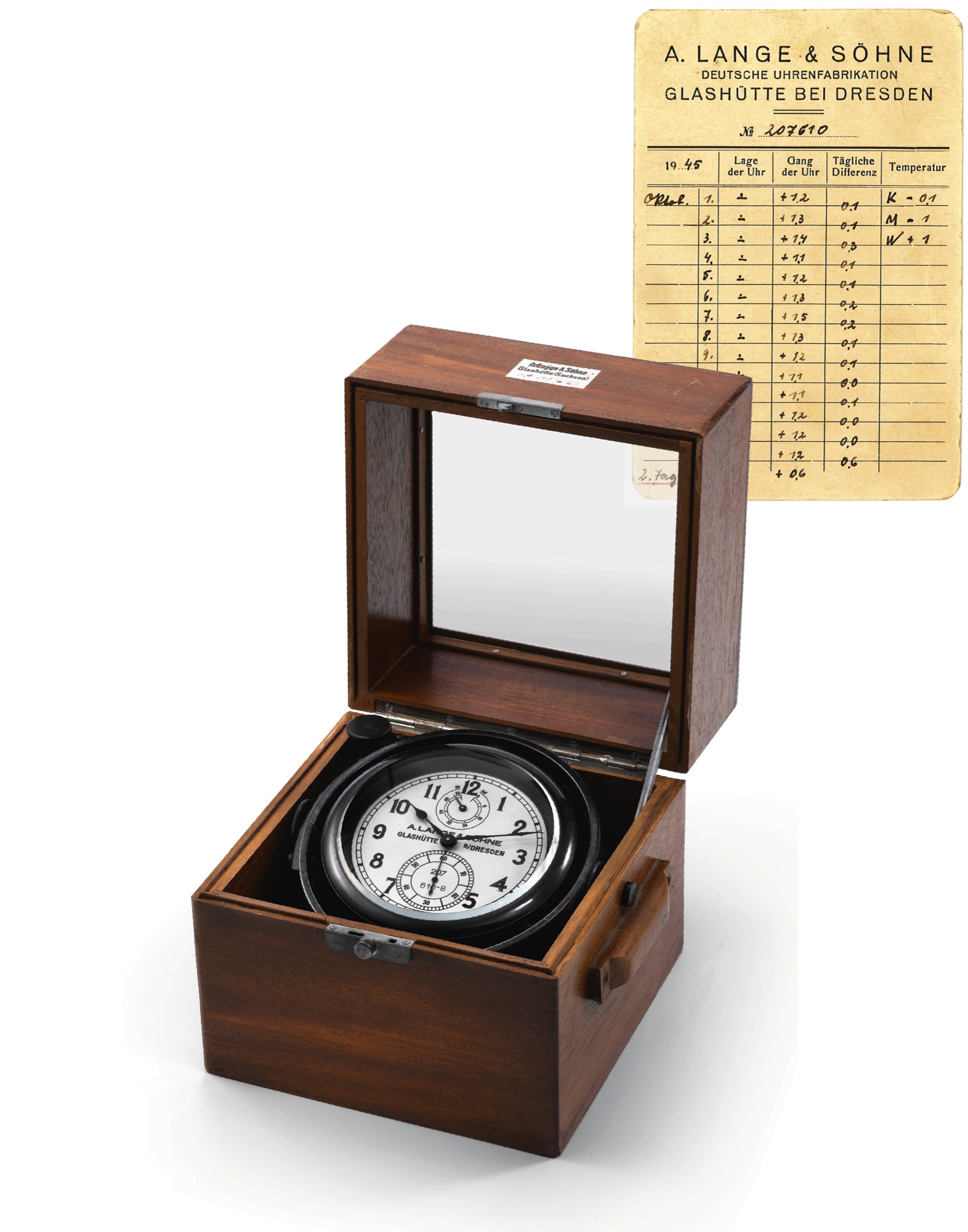 A. Lange and Sohne Marine Chronometer
A. Lange and Sohne, Glashütte b/Dresden., No. 207-610B,
circa 1940.
Fine, two-day marine box chronometer with 56-hour power
reserve. Accompanied by its original rating certificate.