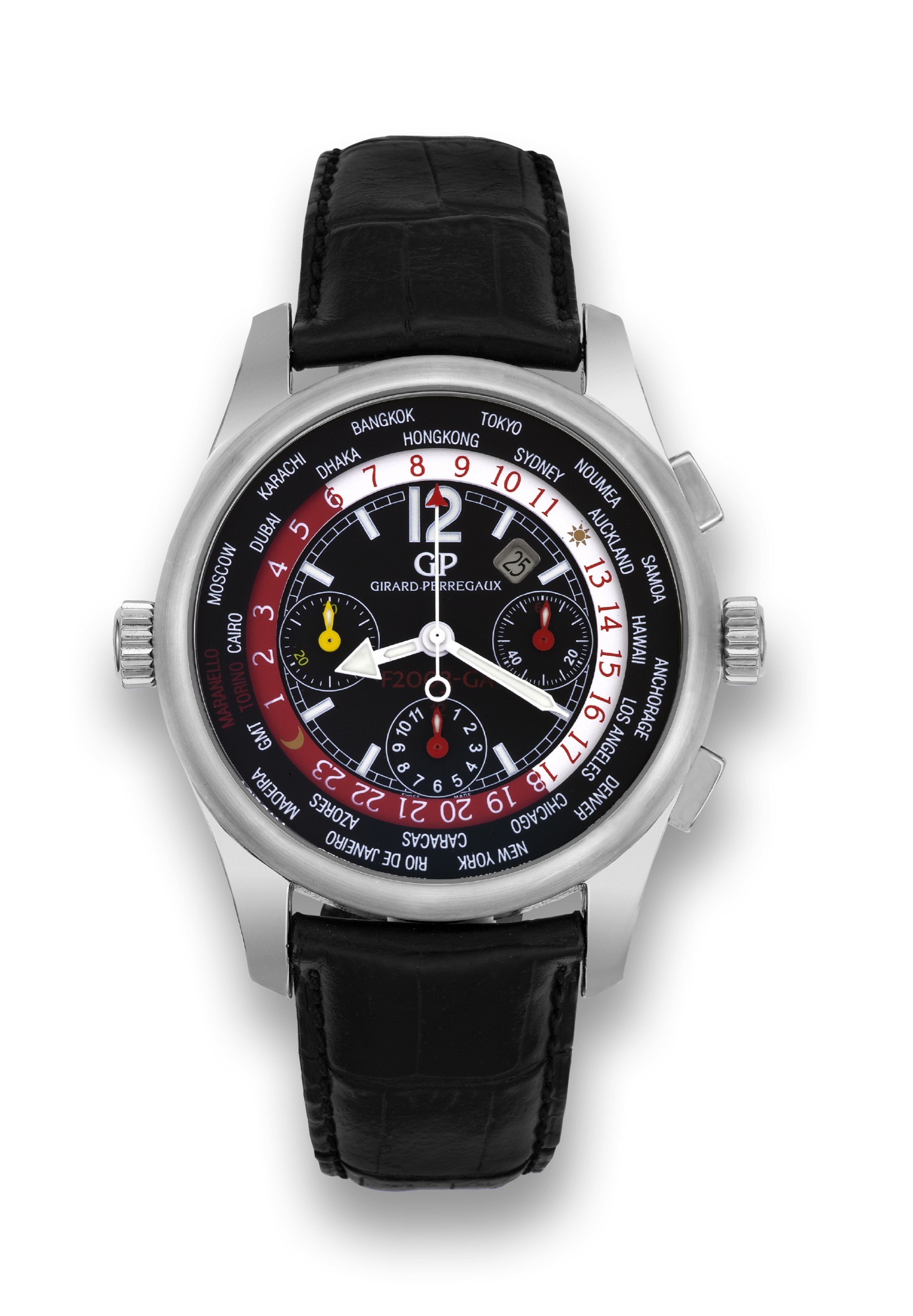 Girard -Perregaux White Gold World Time
Chronograph for Ferrari No. 19/25
Girard-Perregaux, "WW.TC", F2003 GA, No. 019/25,
Ref. 4980. Sold in September 2004.
Very fine, large, world time, self-winding, water-resistant,
18K white gold wristwatch with square button chronograph,
registers, date, two crowns, 24-hour day and night
indication and an 18K white gold Girard-Perregaux buckle.
Accompanied by fitted box, warranty and instruction booklet.