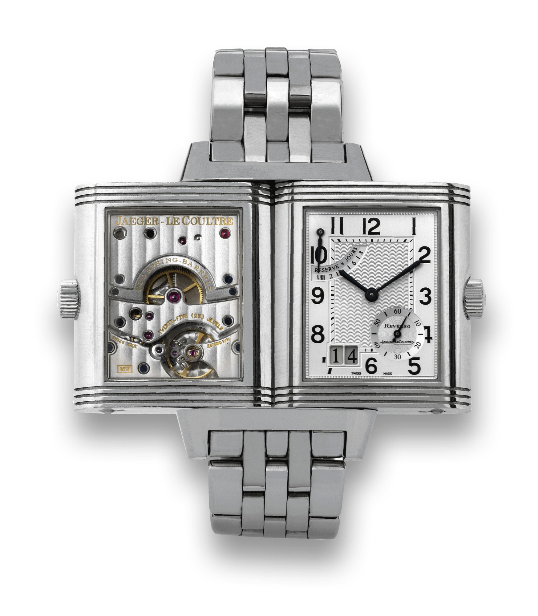 JAEGER LECOULTRE
STEEL REVERSO ? 8 DAY ? GRAND DATE
Jaeger-LeCoultre, "Reverso, Grande Date," case
No. 2197445, Ref. 240.8.15. Made in 2004.
Fine, rectangular and reversible, stainless steel wristwatch
with large date, double spring barrels with 8-day power
reserve and a stainless steel Jaeger-LeCoultre link bracelet
with double deployant clasp.