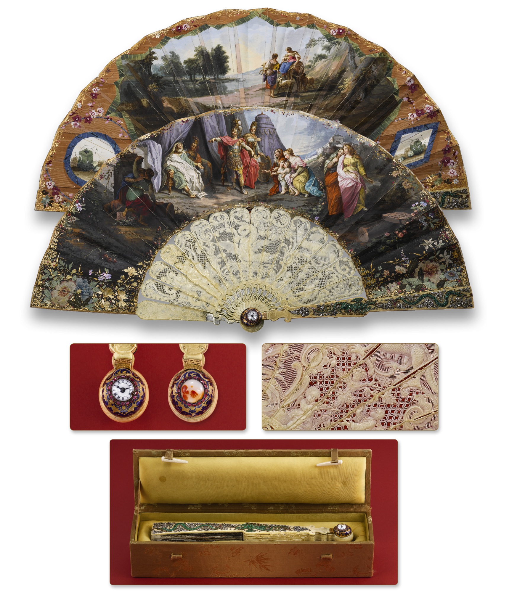 LA COLÈRE D'ACHILLE
Attributed to James Cox, London, made in the late 18 century.
Magnificent and extremely rare 20K gold, silver, ivory, enamel, diamond, ruby, emerald and
agate-set fan with a watch and a compartment containing a small mirror and the winding key, made
for the Chien Lung Imperial family (1711-1799), of the Ching Dynasty. In a Chinese fitted box.
Sold to Lord Sandberg for 250,000 CHF in the Antiquorum Oct 1984 Geneva auction.