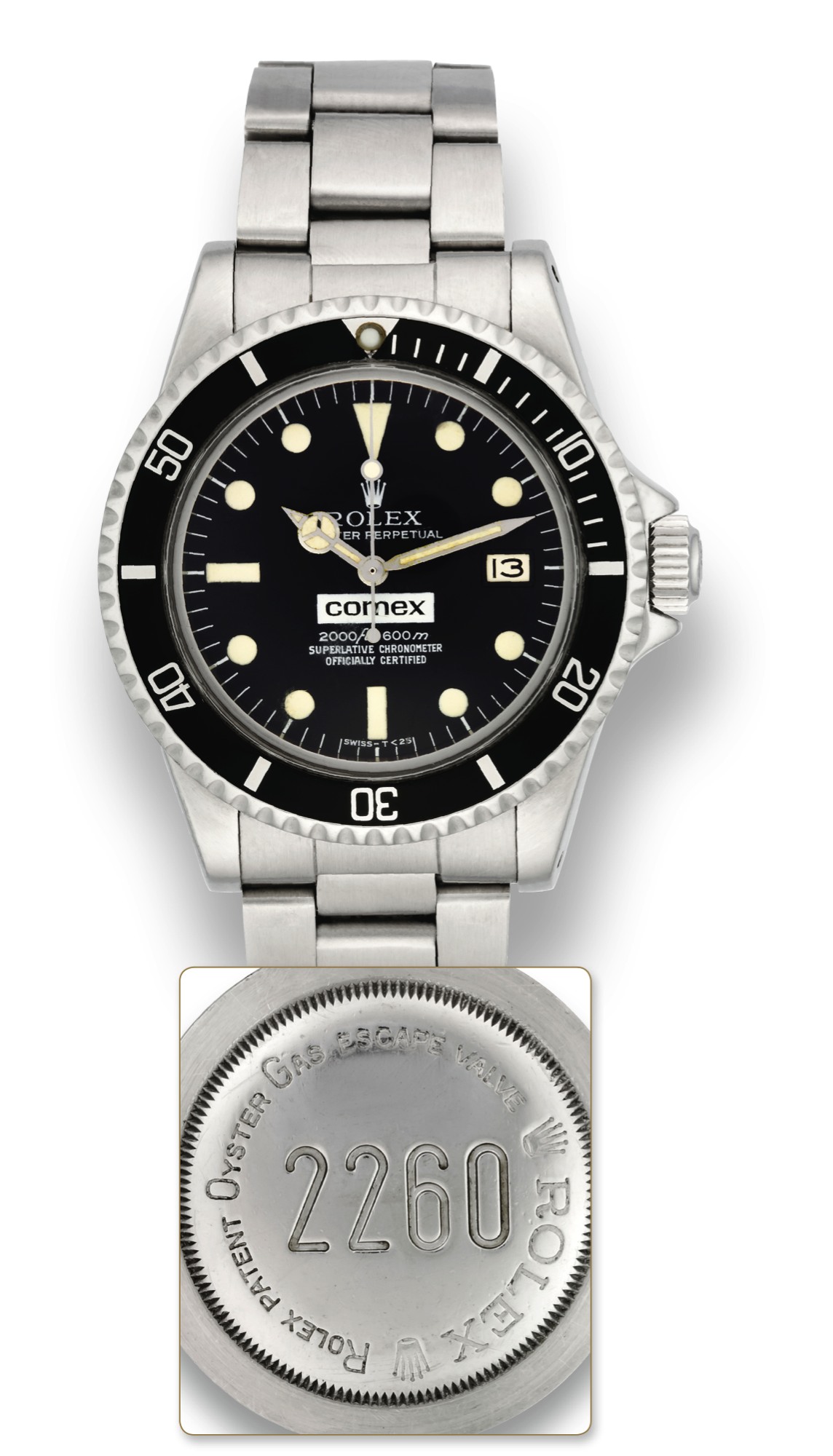 ROLEX REF. 1665, COMEX SEA DWELLER, NO. 2260
Rolex, ?Oyster Perpetual, Comex, 2000ft./600 m, Superlative Chronometer, Officially
Certified?, case No. 6752063, Ref. 1665. Made in 1980.
Fine and extremely rare, center-seconds, self-winding, water-resistant, stainless
steel diver?s chronometer wristwatch with date and a stainless steel Fliplock
Oyster bracelet.