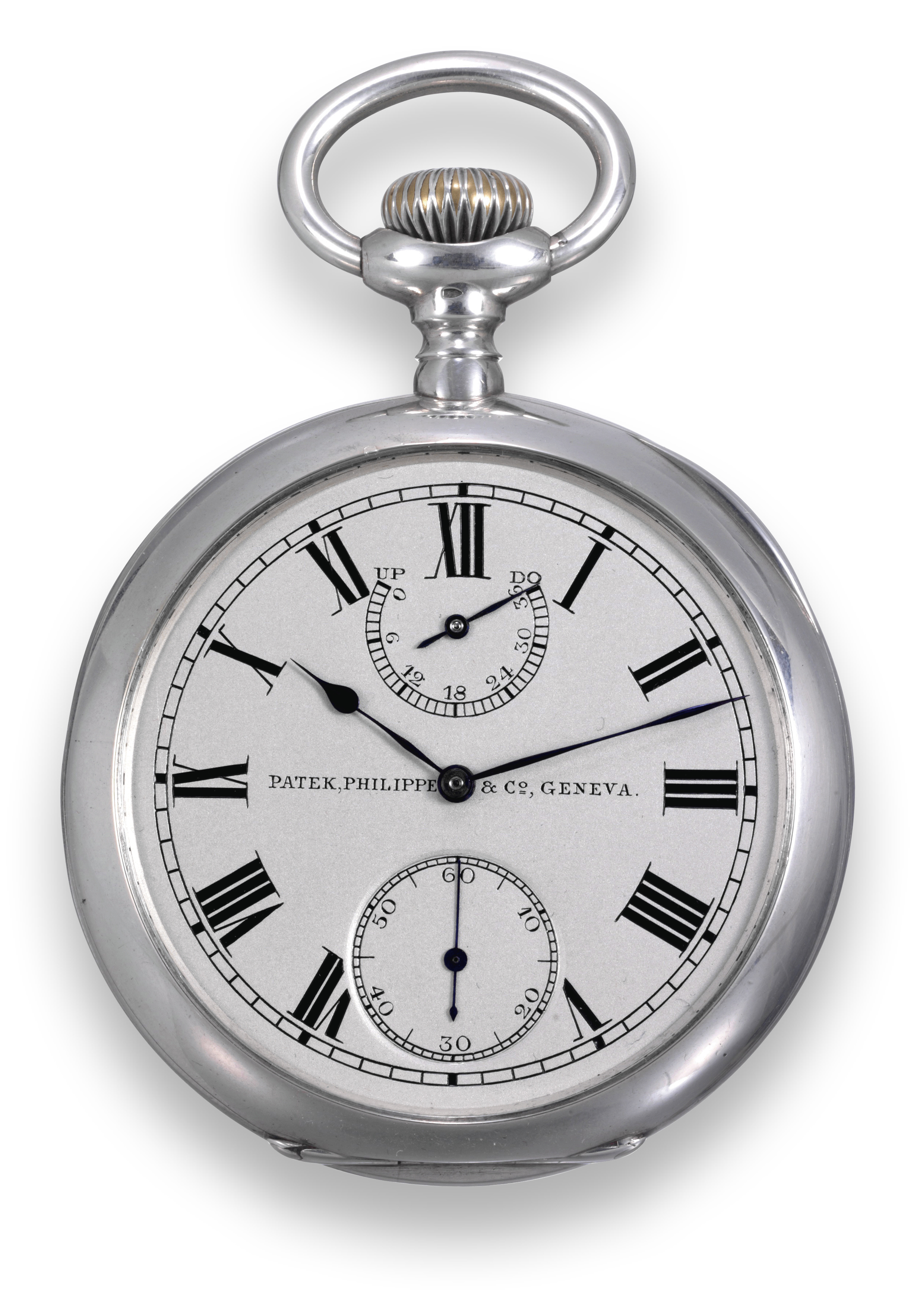 First Class Certificate from Geneva & Kew Observatories
Patek Philippe & Co., Geneva, No. 132655, case No. 239405, sold to M. L.M.
Sedisick Esq on 8th December 1910.
Very fine and rare, large, silver keyless pocket lever chronometer with 36 hour power reserve
indicator and Guillaume balance. Awarded First Class Bulletin from the Observatory of
Geneva and a ?Class A? Kew certificate from The National Physical Laboratory, Kew, England.
Awarded the second prize at the Geneva Astronomical Obse