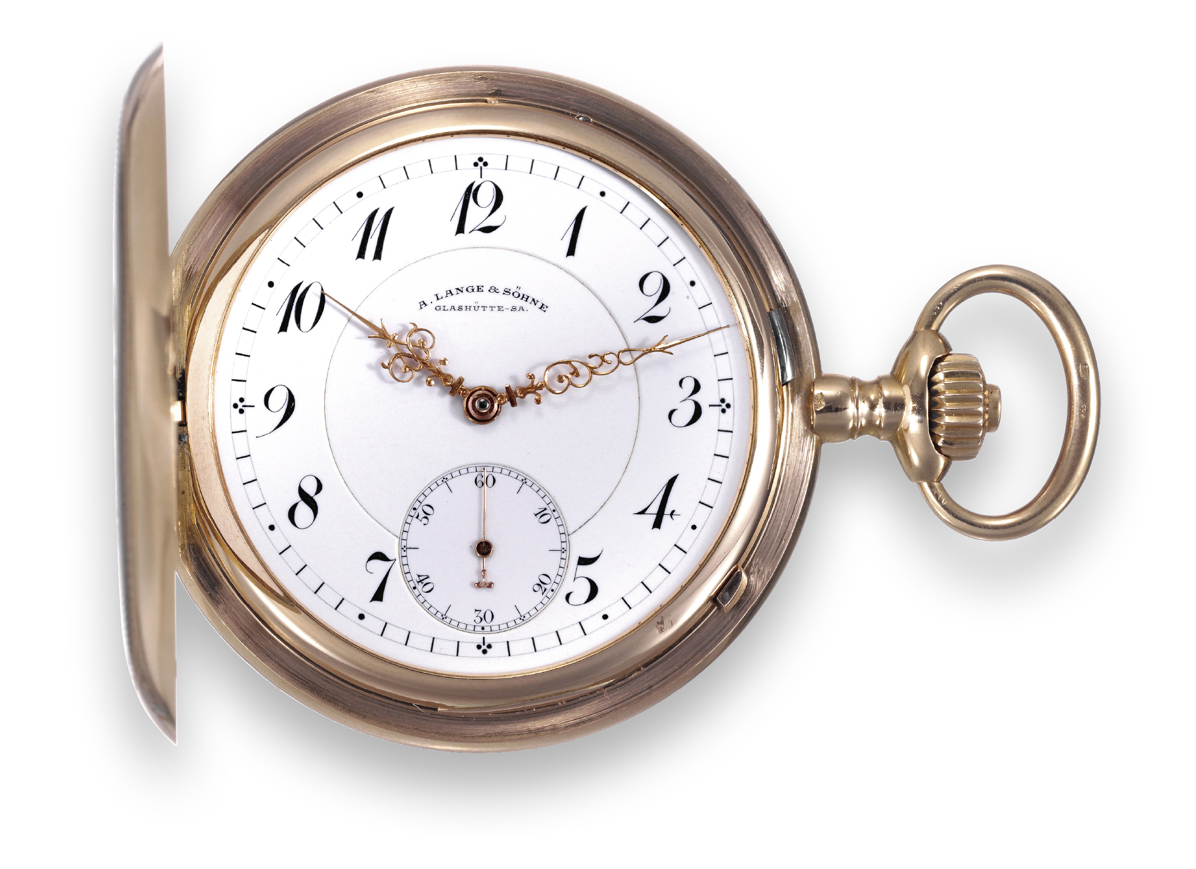 A. Lange & Söhne, Glashütte-Sa, No.62835. Made circa 1910.
Very fine and rare, 18K pink gold, hunting cased pocket watch with 1st quality movement. Accompanied by a box.