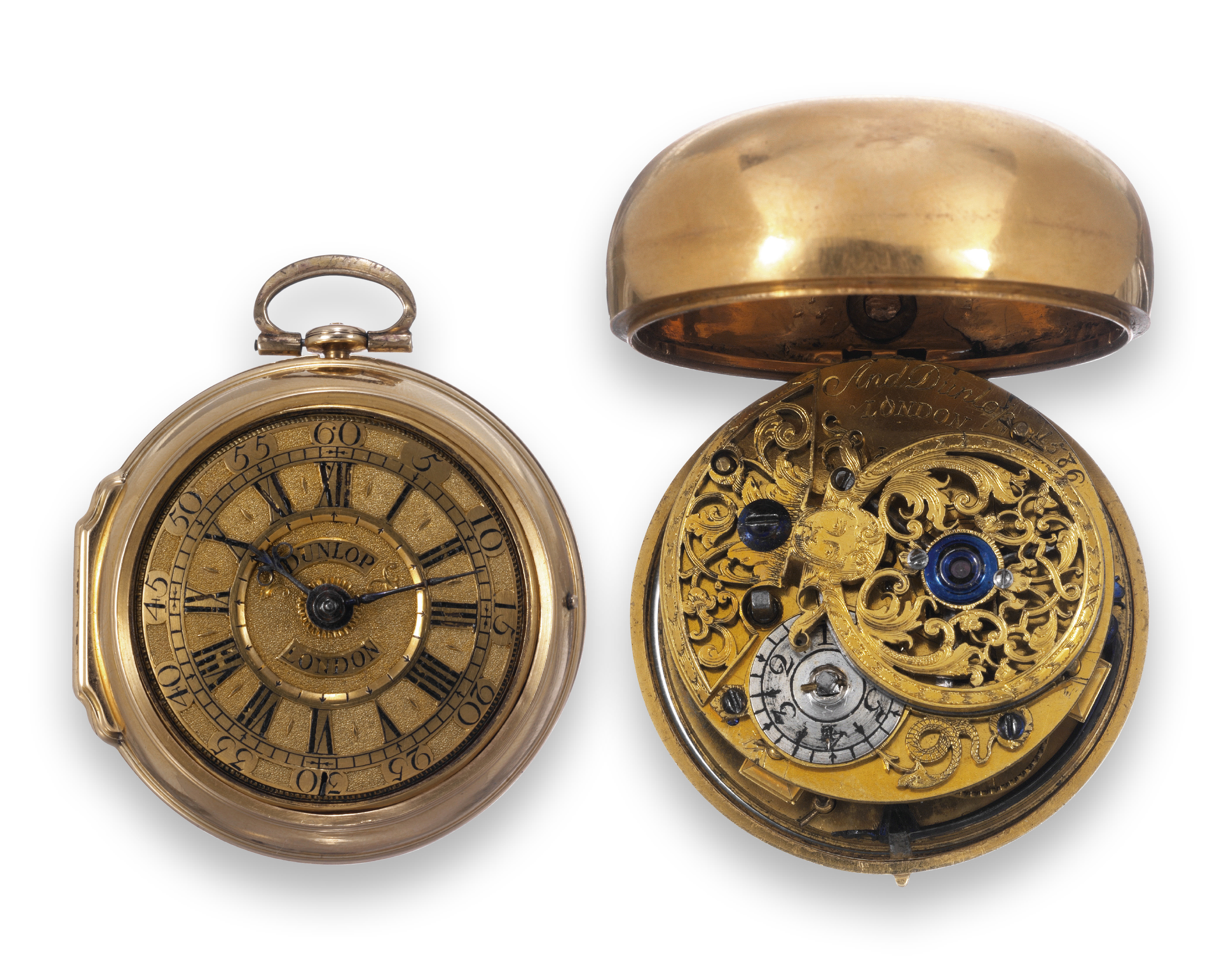 Gold Pair-Cased
And(rew) Dunlop, London, No. 1586.
The inner case with London hallmarks for
1723-4.
Very fine and rare, 20K gold, pair-cased
pocket watch.