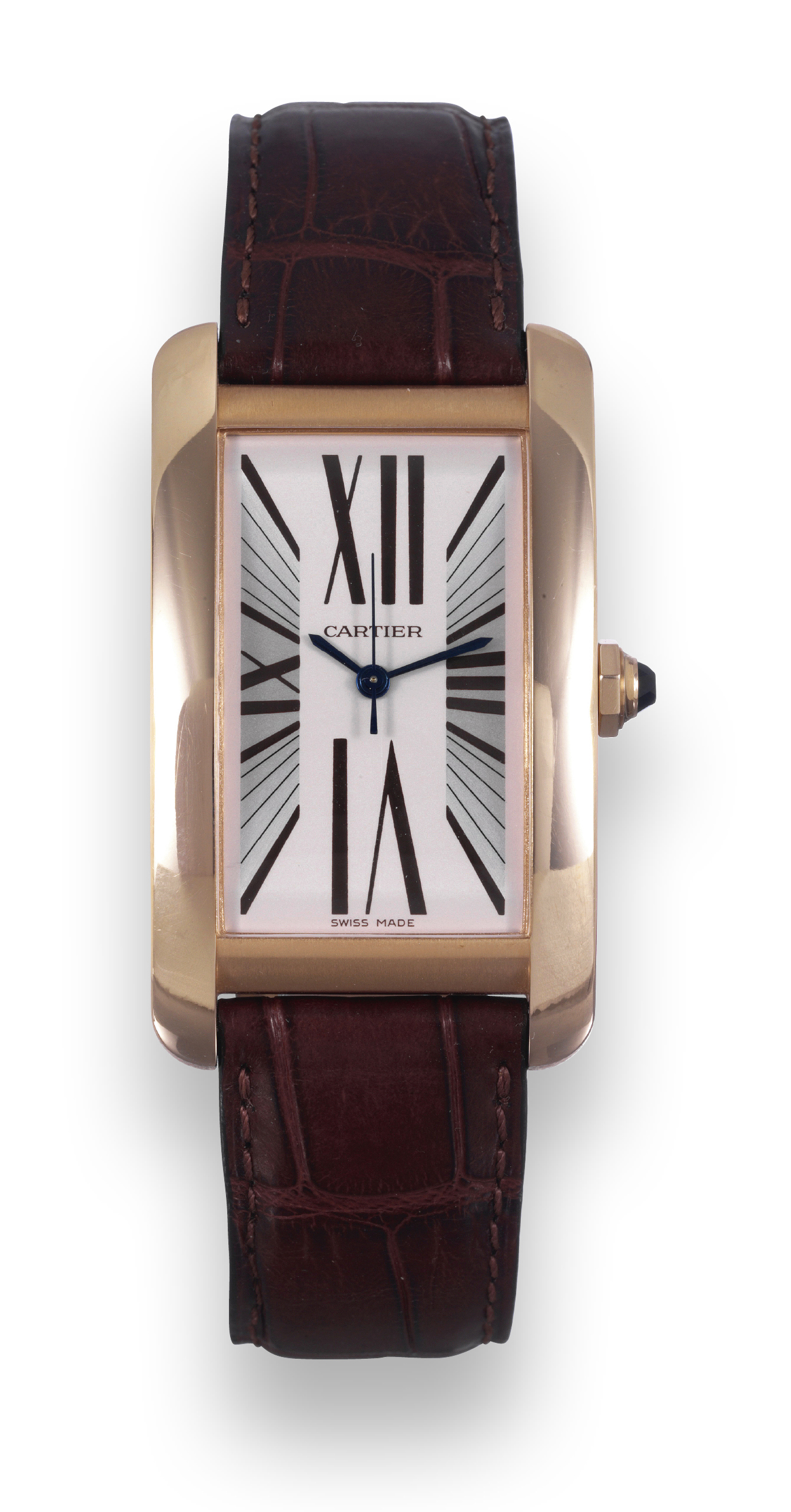 Tank Américaine, Pink Gold
Cartier, "Tank Américaine, Automatic", case No. 778712CD, Ref. 2505. Sold on October 1, 2004.
Fine, rectangular curved, center seconds, self-winding, water-resistant, 18K pink gold wristwatch with an 18K pink gold
Cartier buckle. Accompanied by a fitted box and certificate.