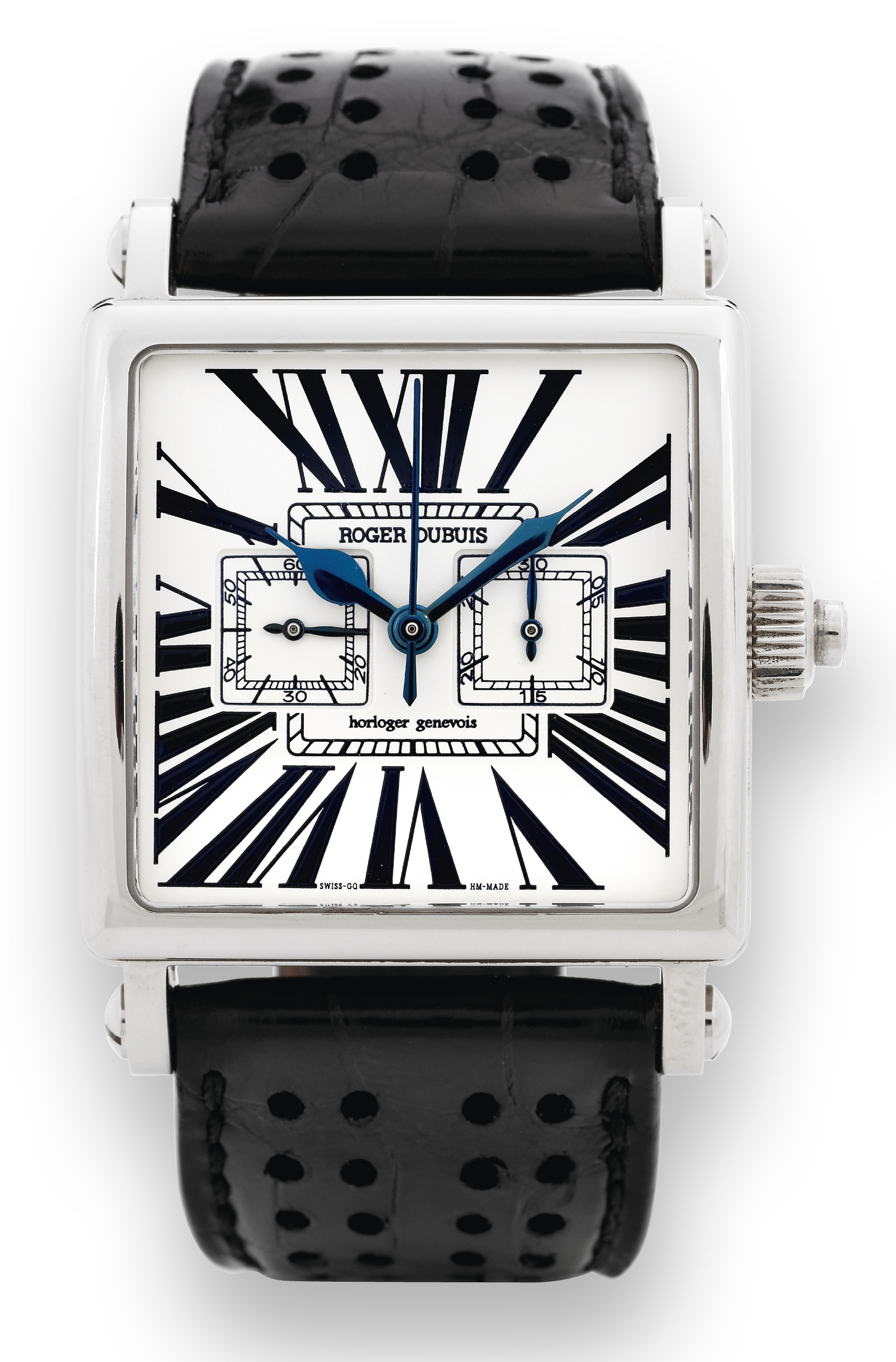 White Golden Square ?Monopoussoir
Chronographe?
Roger Dubuis, Horloger Genevois, No. 04/28. Made in a
limited edition of 28 pieces in circa 2006.
Very fine, square, water-resistant, 18K white gold wristwatch
with co-axial single button chronograph, register and an 18K
white gold and Roger Dubuis buckle.