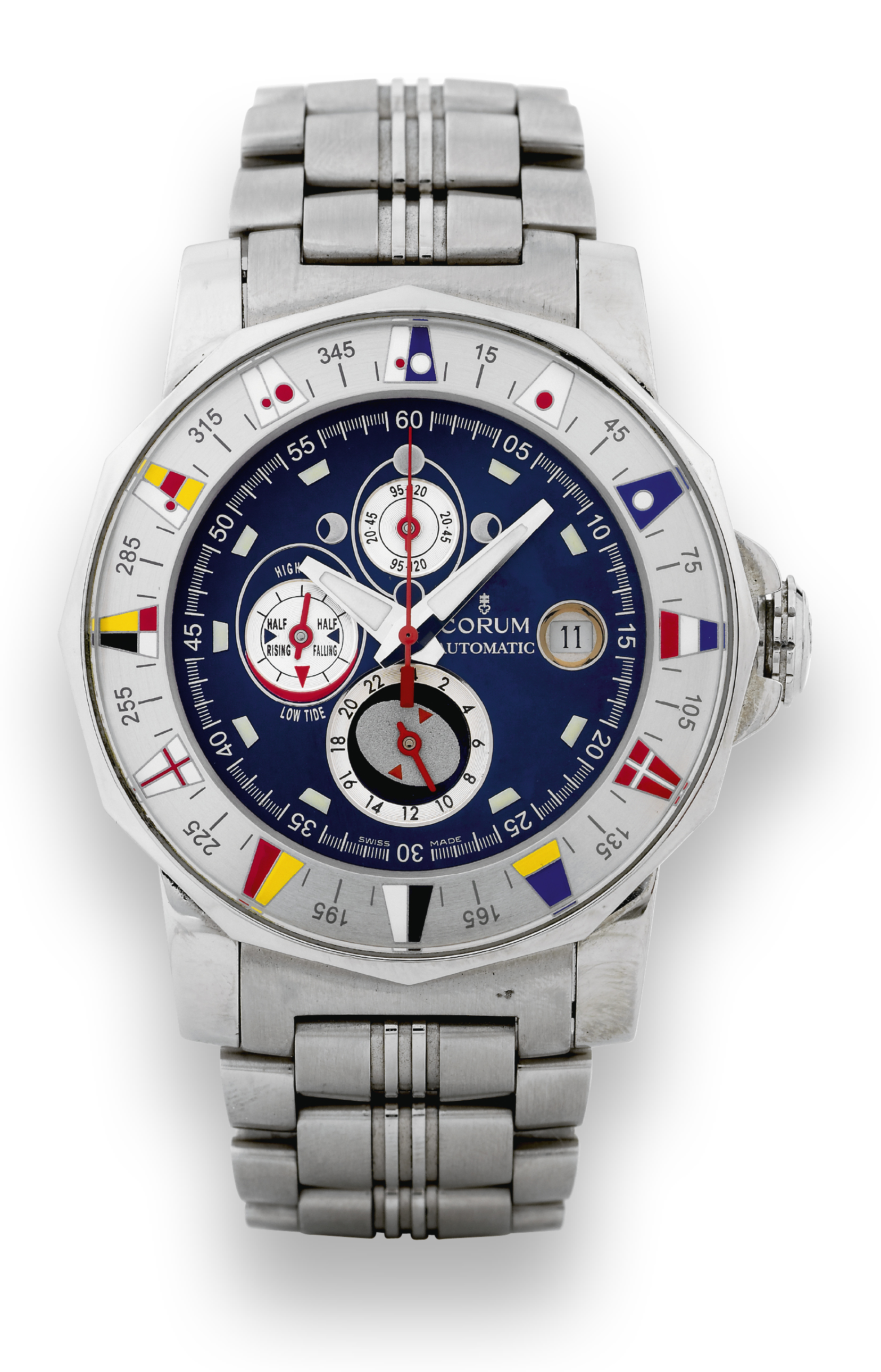 Admiral?s Cup Marees 44
Corum, Certified Chronometer, Automatic, "Admiral's
Cup Marees 44," Ref. 977.630.20. Made circa 2004.
Fine and unusual, dodecagonal, center seconds, self-winding,
water-resistant, stainless steel wristwatch with 42-hour power
reserve, tide movement indication, date, moon phases and a
stainless steel Corum link bracelet with deployant clasp.