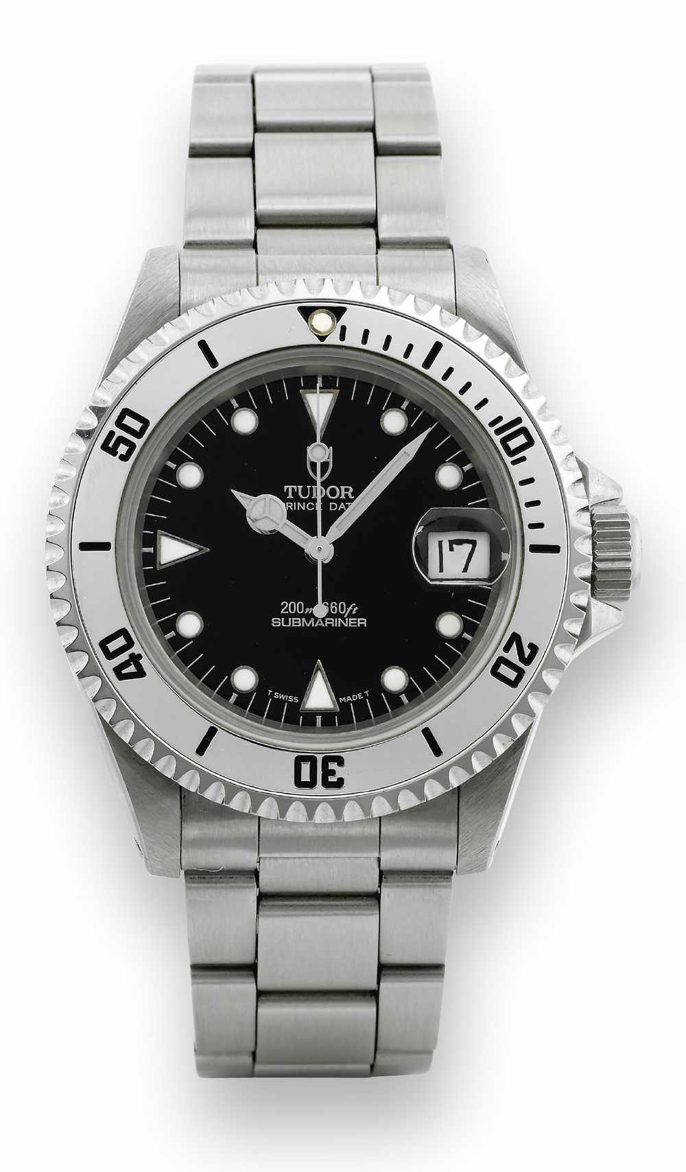 Ref. 79190 Submariner
Tudor Prince Date Submariner, 200m/660ft, Ref.
79190, case made by Rolex, Geneva. Made in the 1990's.
Fine, center seconds, self-winding, water resistant to 200 m.,
stainless steel diver's wristwatch with date and a stainless steel
Tudor Fliplock Oyster bracelet. Accompanied by the original
fitted box and guarantee (now void).