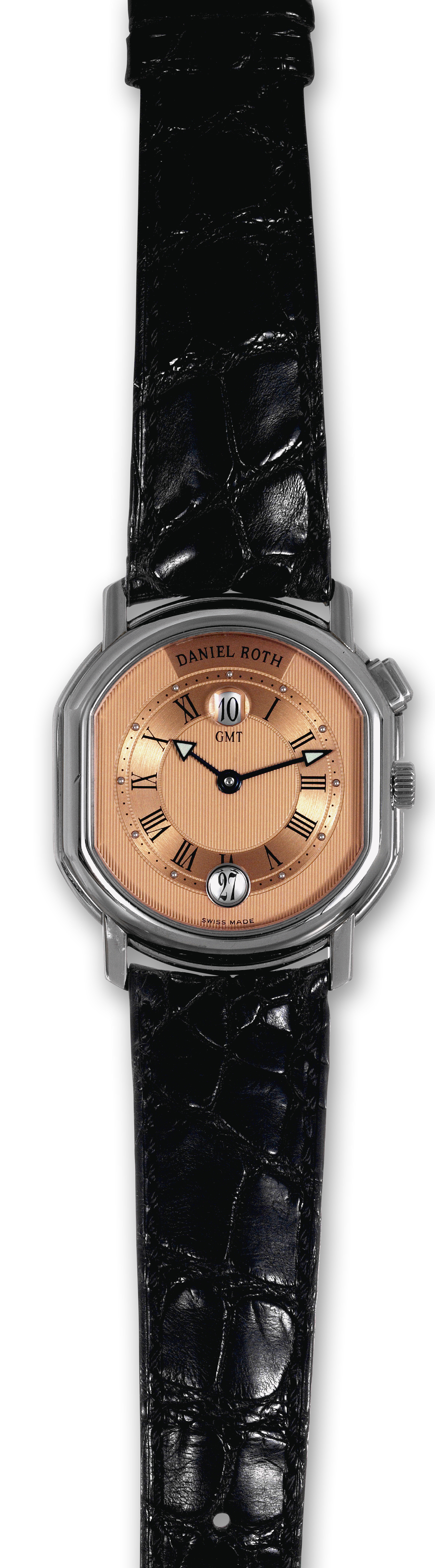 GMT Automatic
Daniel Roth, "GMT Automatic" No. 92. Produced in
the 1990s.
Fine, double ellipse-shaped, two time zone, self-winding,
water-resistant, stainless steel mid-sized wristwatch with date
and stainless steel Daniel Roth buckle.