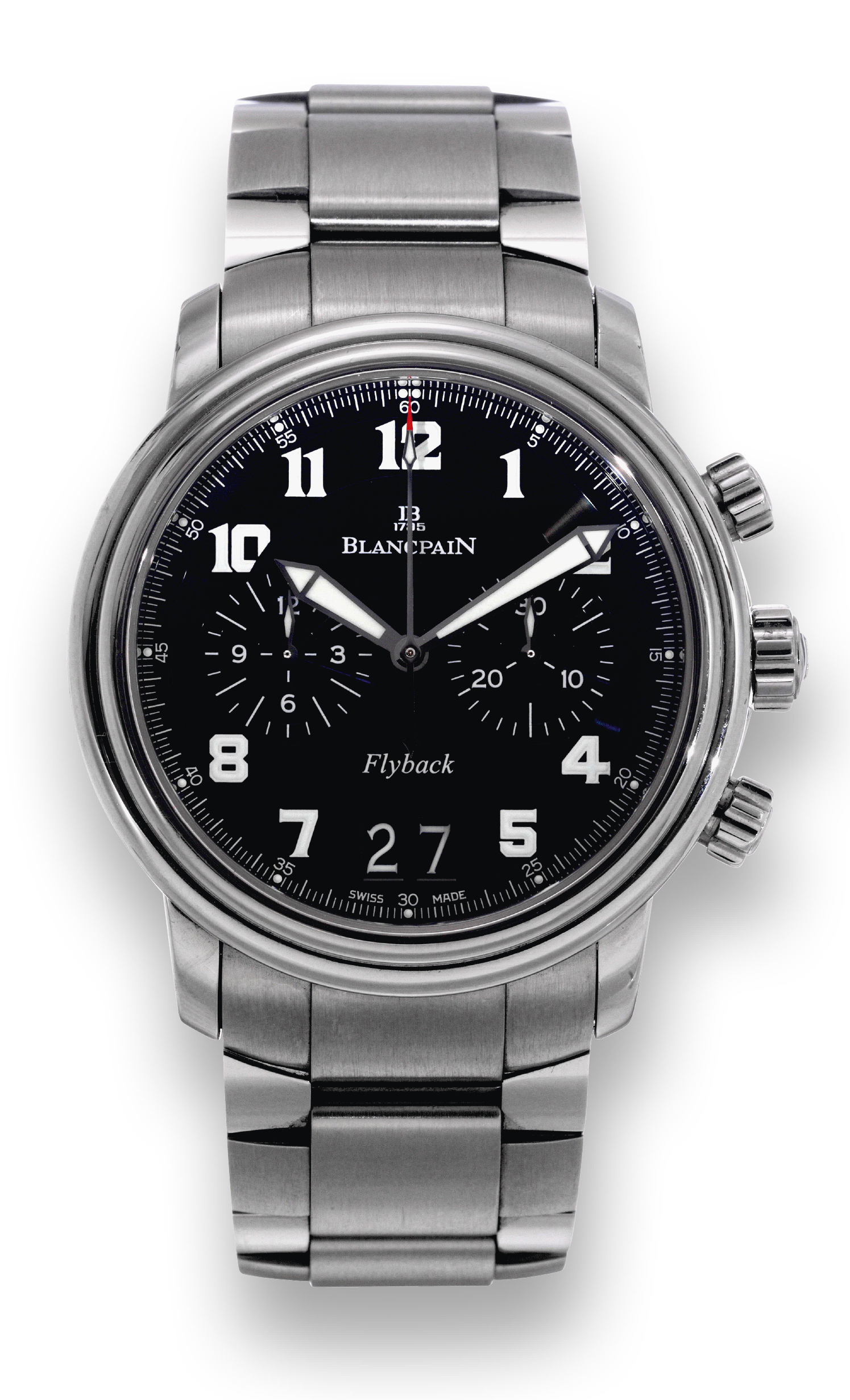 Léman Flyback Chronograph
Grande Date
Blancpain, "Léman Flyback Chronograph Grande Date", case
No. 135. Made circa 2006.
Fine, self-winding, water-resistant, stainless steel wristwatch
with round-button chronograph, registers, large date and a
stainless steel Blancpain link bracelet with concealed double
deployant clasp. Accompanied by a box.
