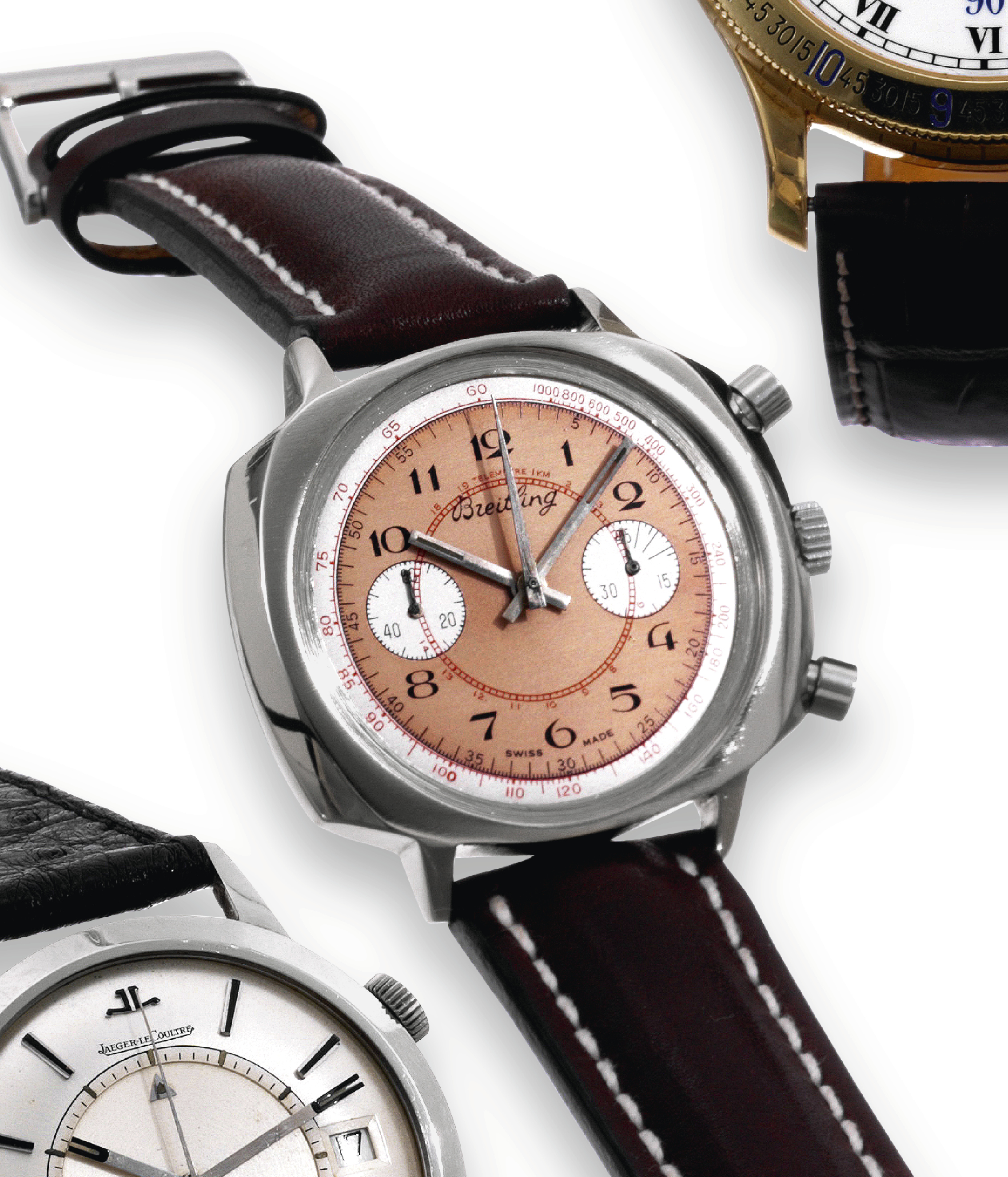 Breitling, Genève, Ref. 1206-2240. Made in the 1960s.
Fine, water-resistant stainless steel wristwatch with round button chronograph, register, telemeter and
tachometer, two-tone dial and a stainless steel Breitling buckle.