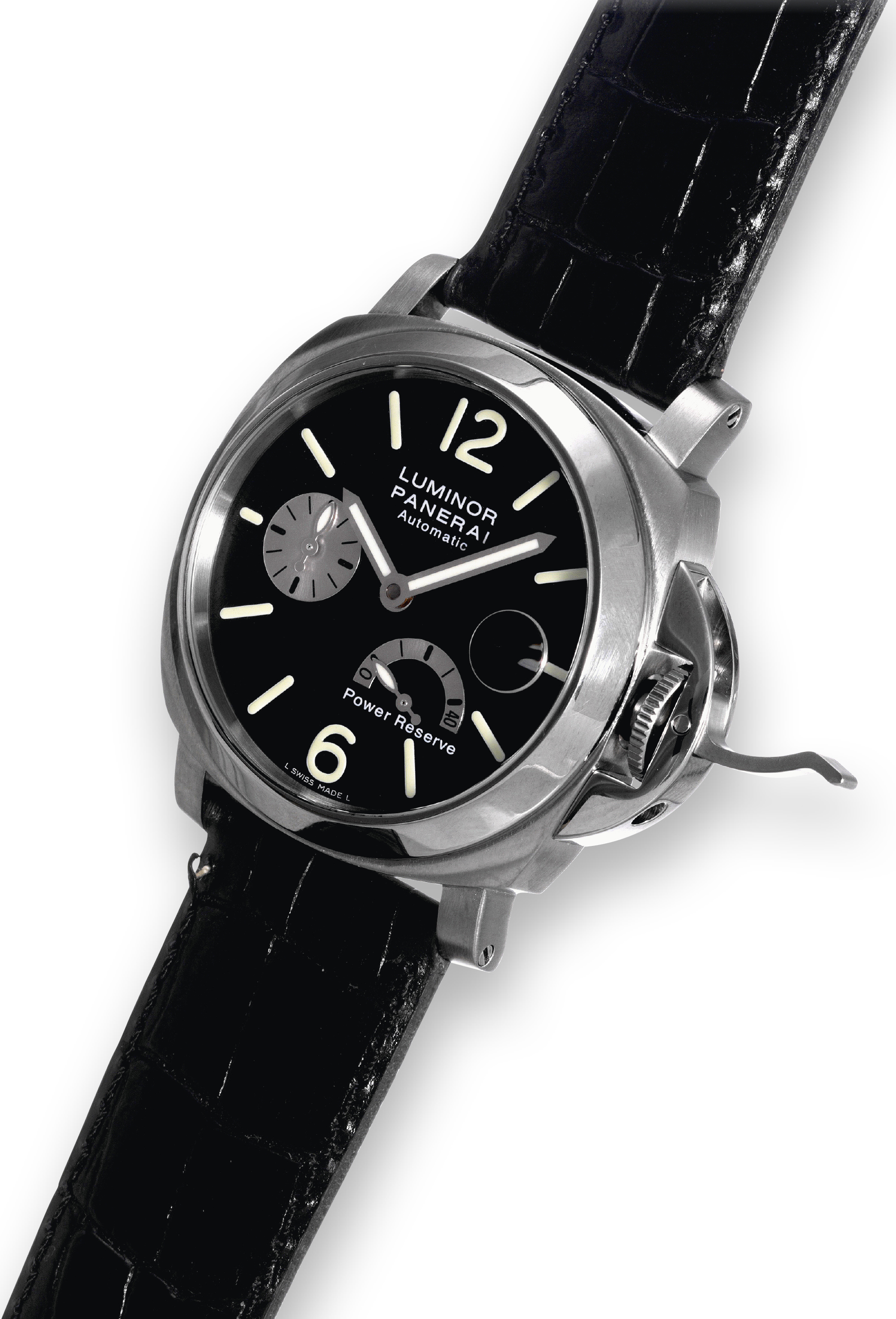 PAM 125
Officine Panerai, Firenze 1860, "Luminor Power
Reserve," No. F 0083/2100, case No. PB 505447, Ref. OP
6575. Made in a limited edition of 2100 pieces in 2003.
Fine, cushion-shaped, self-winding, water-resistant, stainless
steel wristwatch with date, power reserve and a stainless steel
Panerai double deployant clasp. Accompanied by a fitted box,
COSC certificate and guarantee.