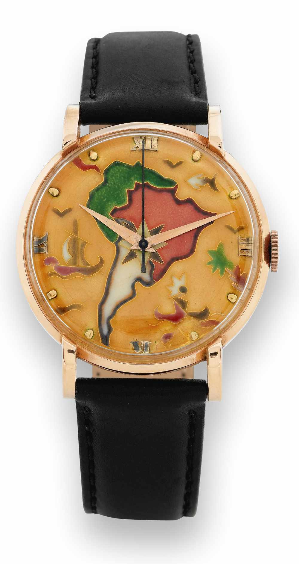 Universal, Genève, "South America," case No.
1298080, Ref. 107161. Made circa 1946.
Fine and rare, 18K rose gold center seconds wristwatch with a
cloisonné enamel dial depicting South America.
