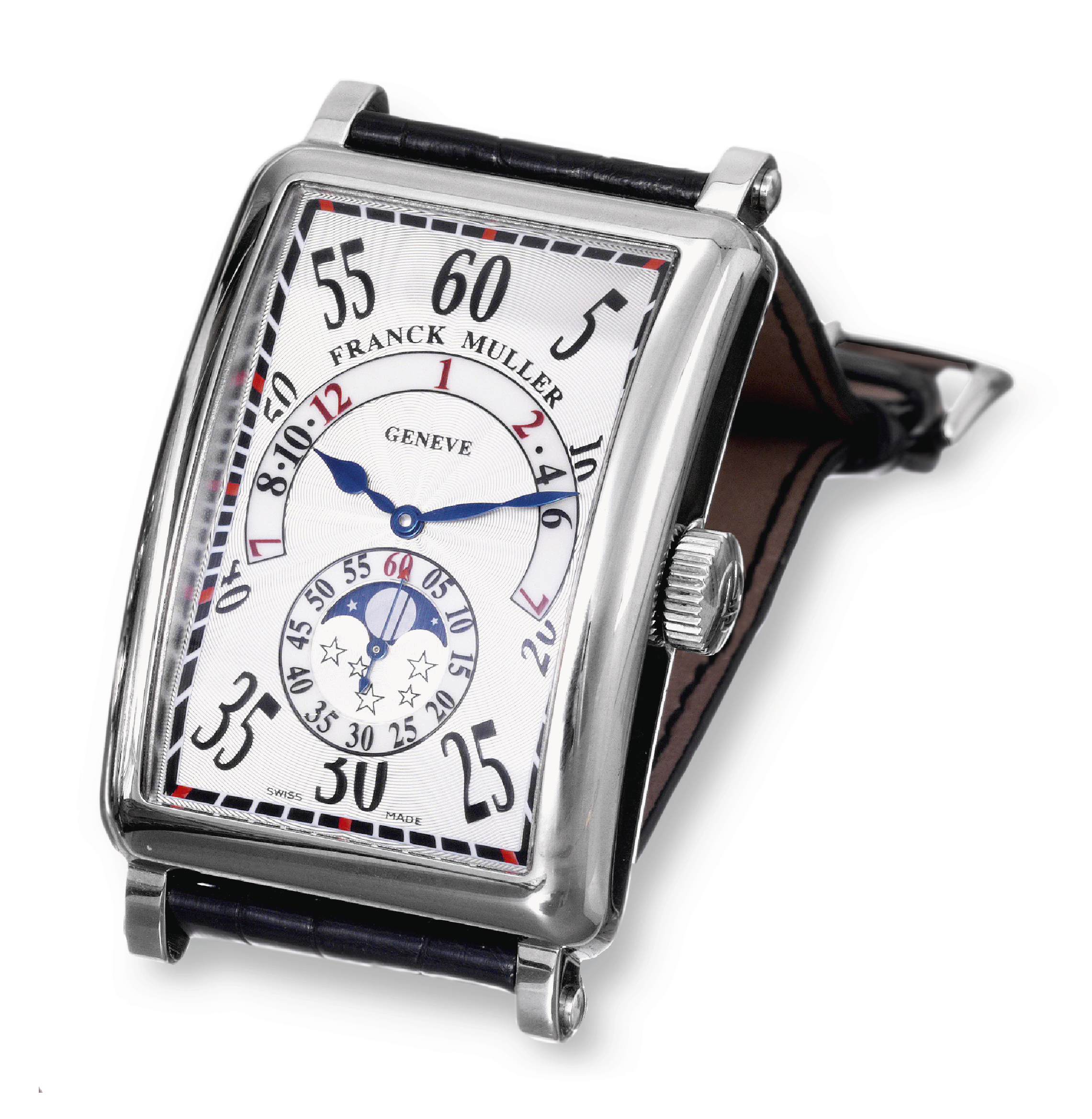 Slow Hours
Franck Muller, Genève, ?Long Island, Slow Hours?,
No. 07, Ref. 1300 HIRL. Made in the 2000s.
Fine and unusual, rectangular curved, water resistant, selfwinding,
stainless steel wristwatch with progressive retrograde
jump-hour, moon phases and a stainless steel Franck
Muller buckle. Accompanied by fitted box and guarantee.