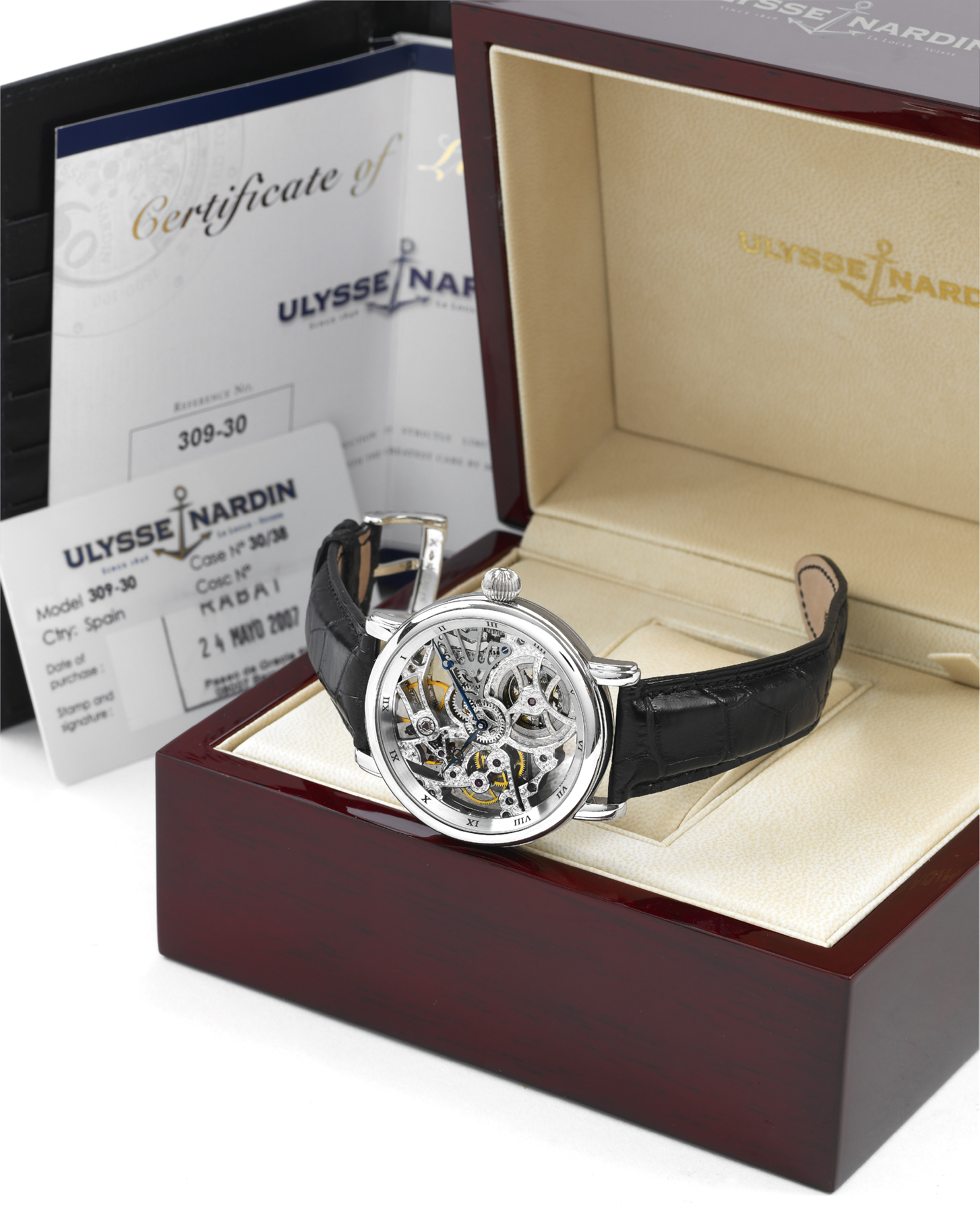 Ulysse Nardin Platinum Skeletonized
Ulysse Nardin, Locle & Genève, No. 30/38,
Ref. 309.30. Made in a limited edition of 38 pieces in the late
1990's.
Very fine and rare, skeletonized, oversized, platinum wristwatch
with a platinum Ulysse Nardin buckle. Accompanied by a fitted
box and Certificate.