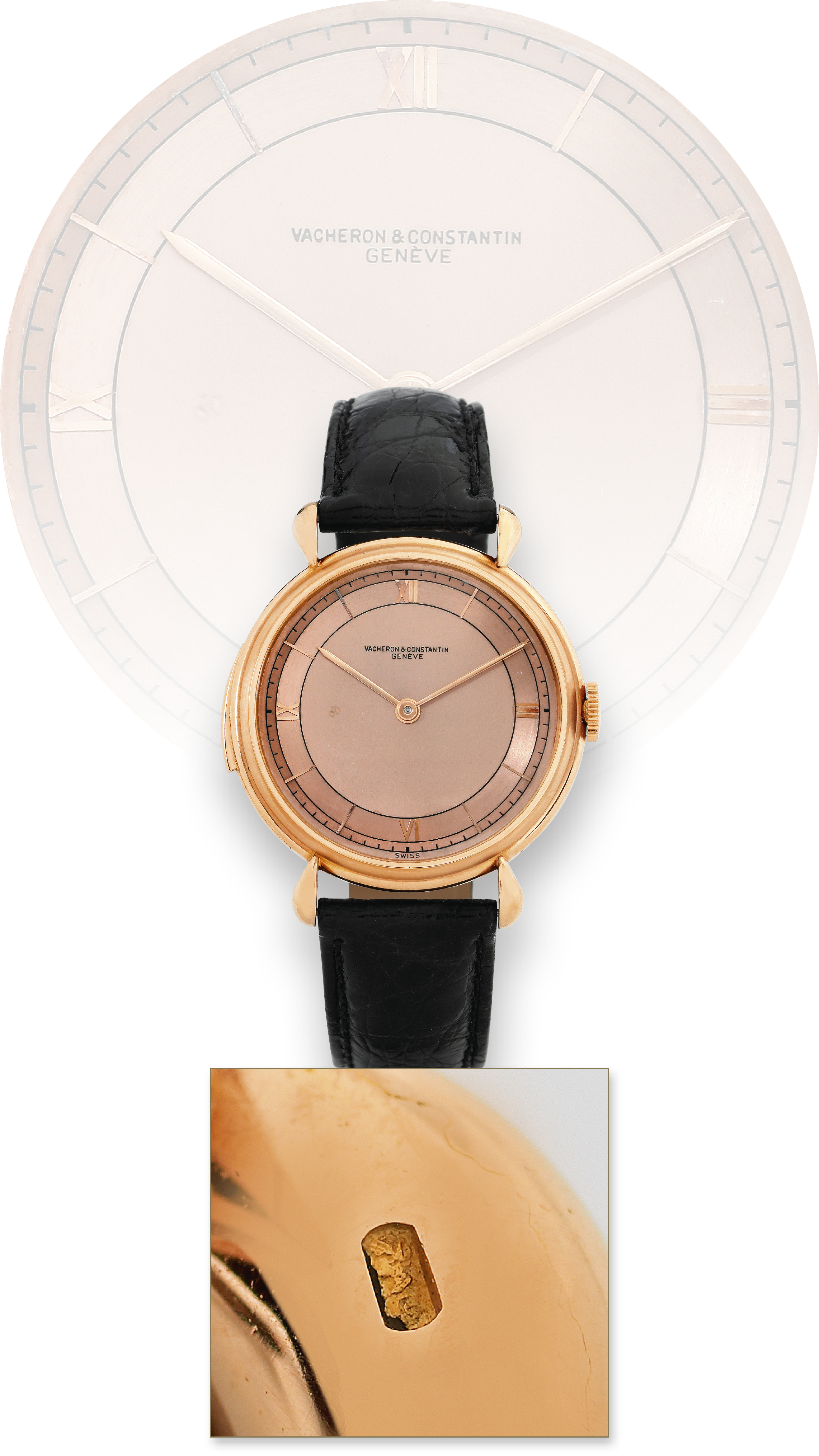 Vacheron Constantin Minute Repeater Ref. 4261
Vacheron & Constantin, Geneve, No. 439402, case No. 276211, completed
and sold in 1943.
Extremely fine and rare, slim, elegant, minute-repeating, 18K pink gold wristwatch
with three-tone pink dial and tear-drop lugs.