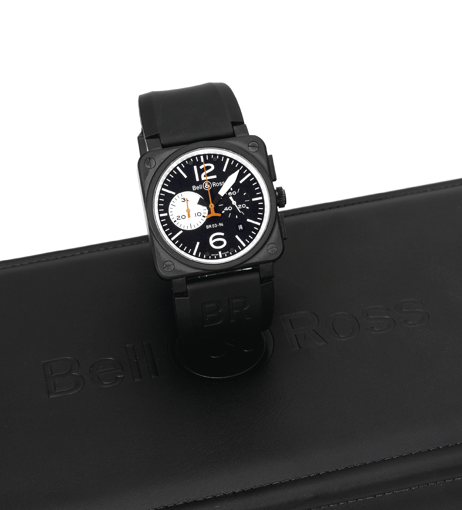 BR 03-94 Aviation Instrument
Bell & Ross, "Automatic Chronograph," case No.
03217, Ref. BR03-94. Sold on December 2007.
Fine, large, square, self-winding, water resistant, black
powder coated stainless steel aviator's wristwatch with
date, square button chronograph, register, black rubber
strap and a black Bell & Ross buckle. Accompanied by the
original box, instruction booklet, tools, additional bracelet
and guarantee.